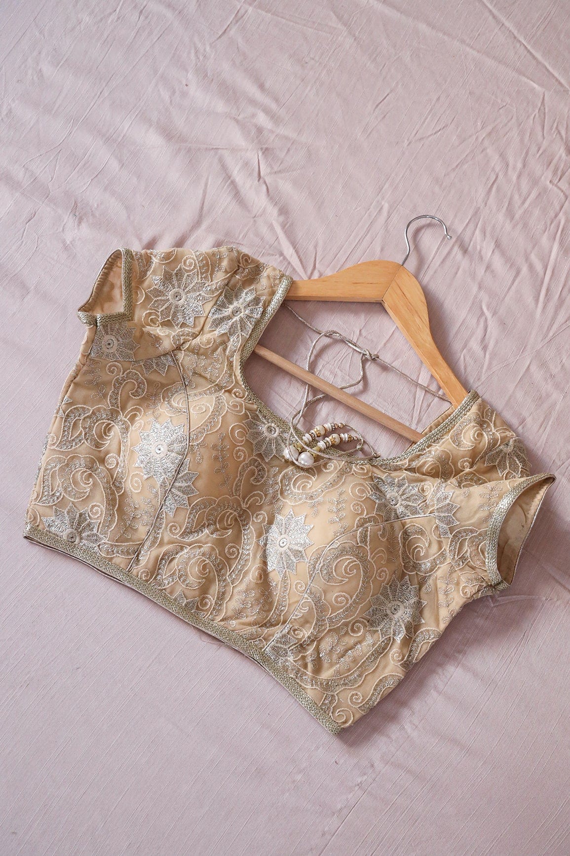 Beige Zari Embroidery Net Stitched Blouse - doeraa