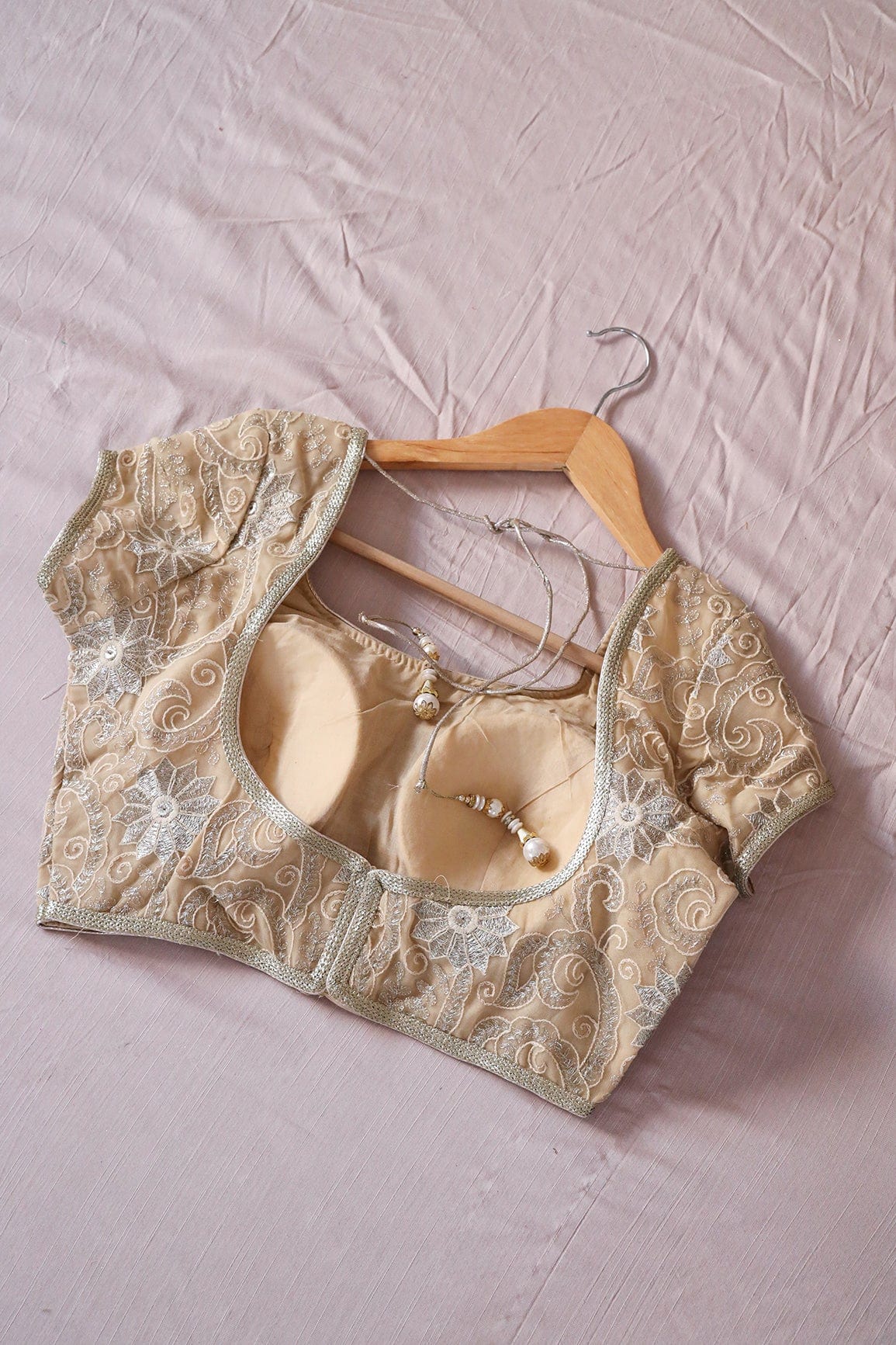 Beige Zari Embroidery Net Stitched Blouse - doeraa
