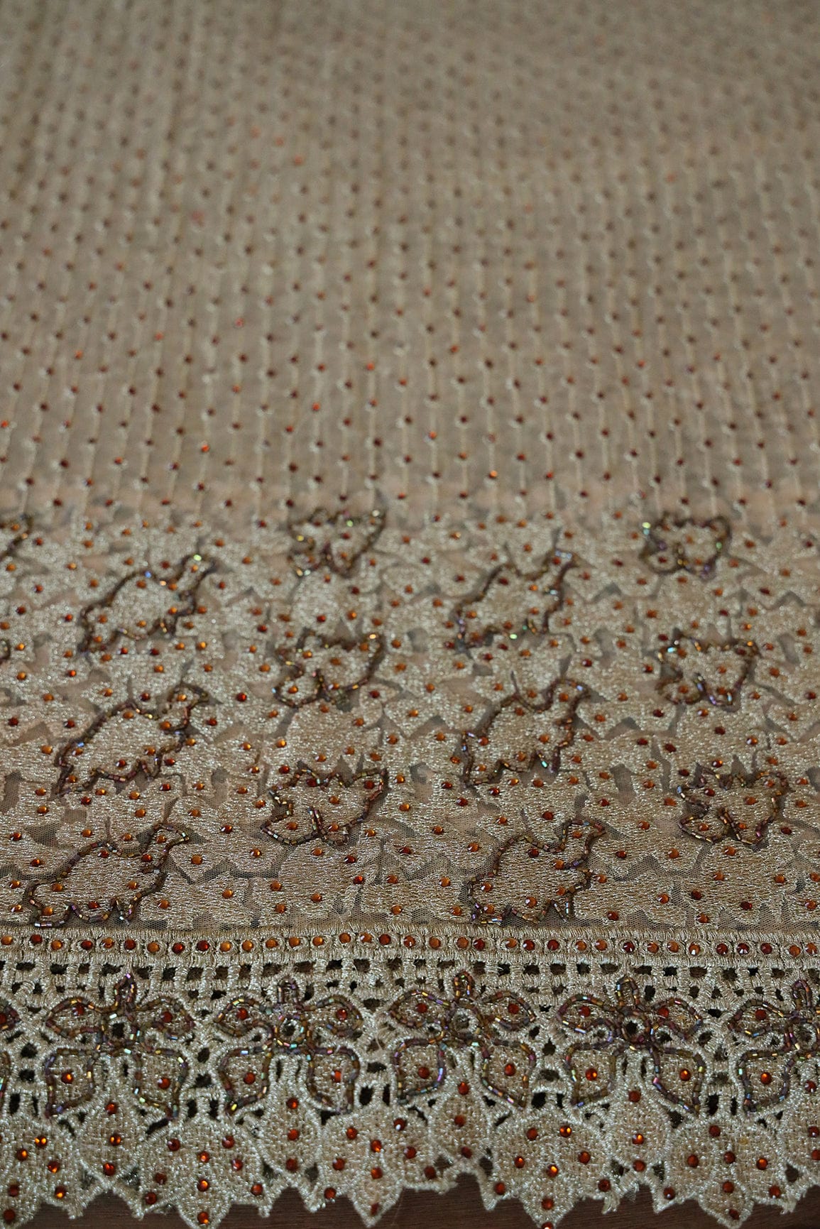 Big Width "56" Handwork Embroidery on Beige Soft net Fabric - doeraa