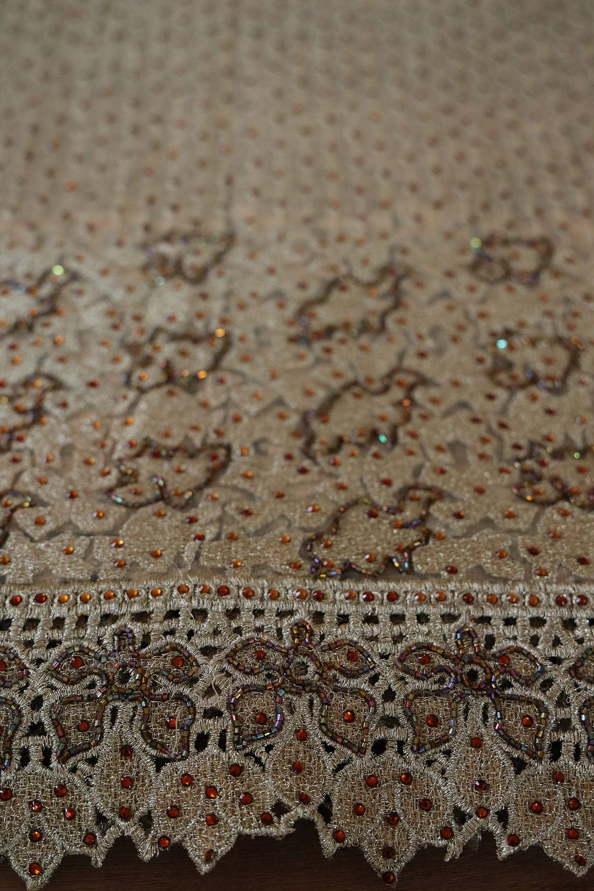 Big Width "56" Handwork Embroidery on Beige Soft net Fabric - doeraa