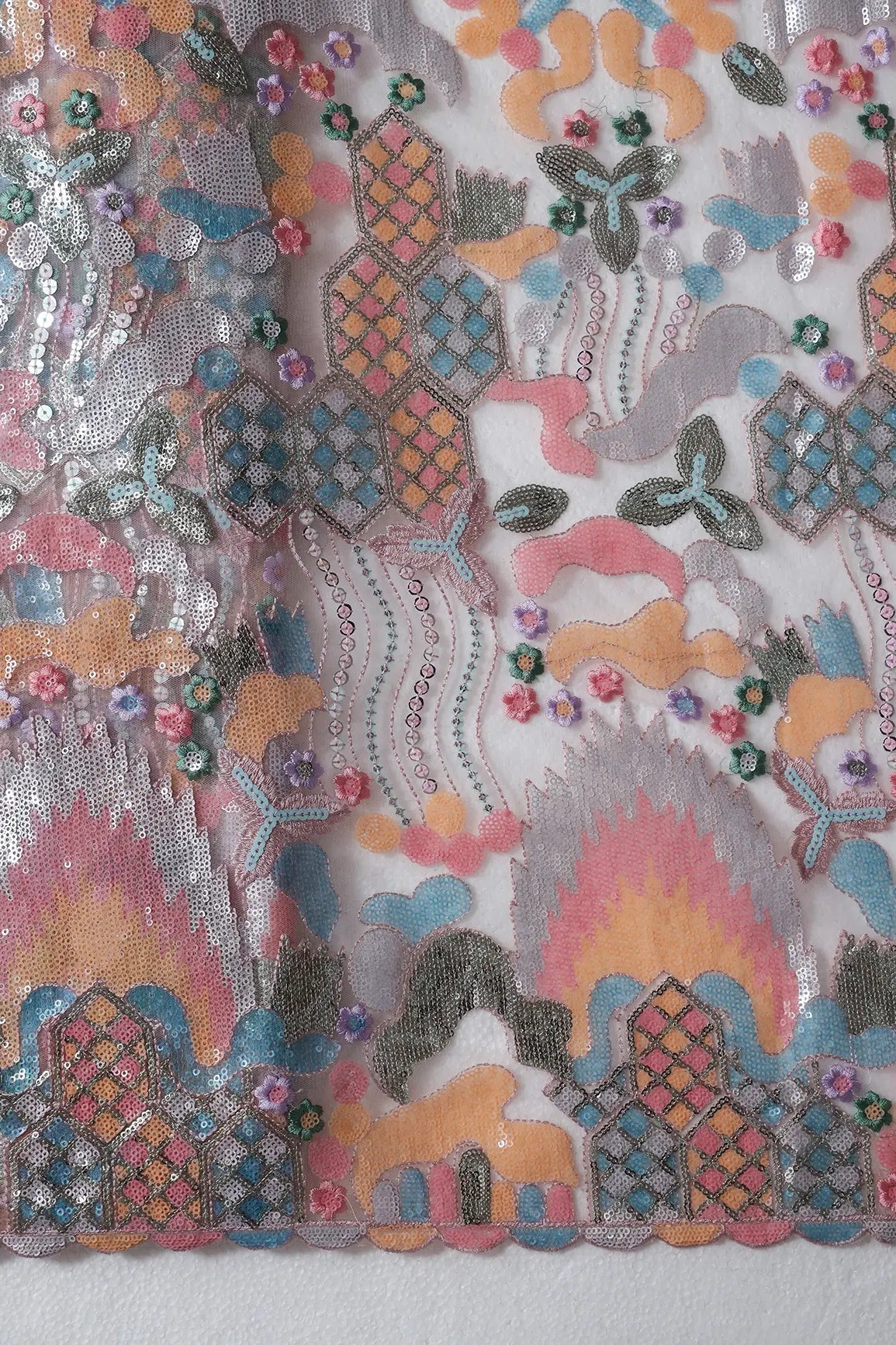 Big Width "56" Multi Color Sequins With Thread Work Abstract Embroidery On Grey Soft Net Fabric - doeraa