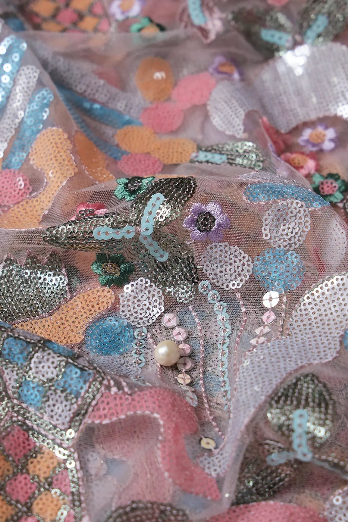 Big Width "56" Multi Color Sequins With Thread Work Abstract Embroidery On Grey Soft Net Fabric - doeraa