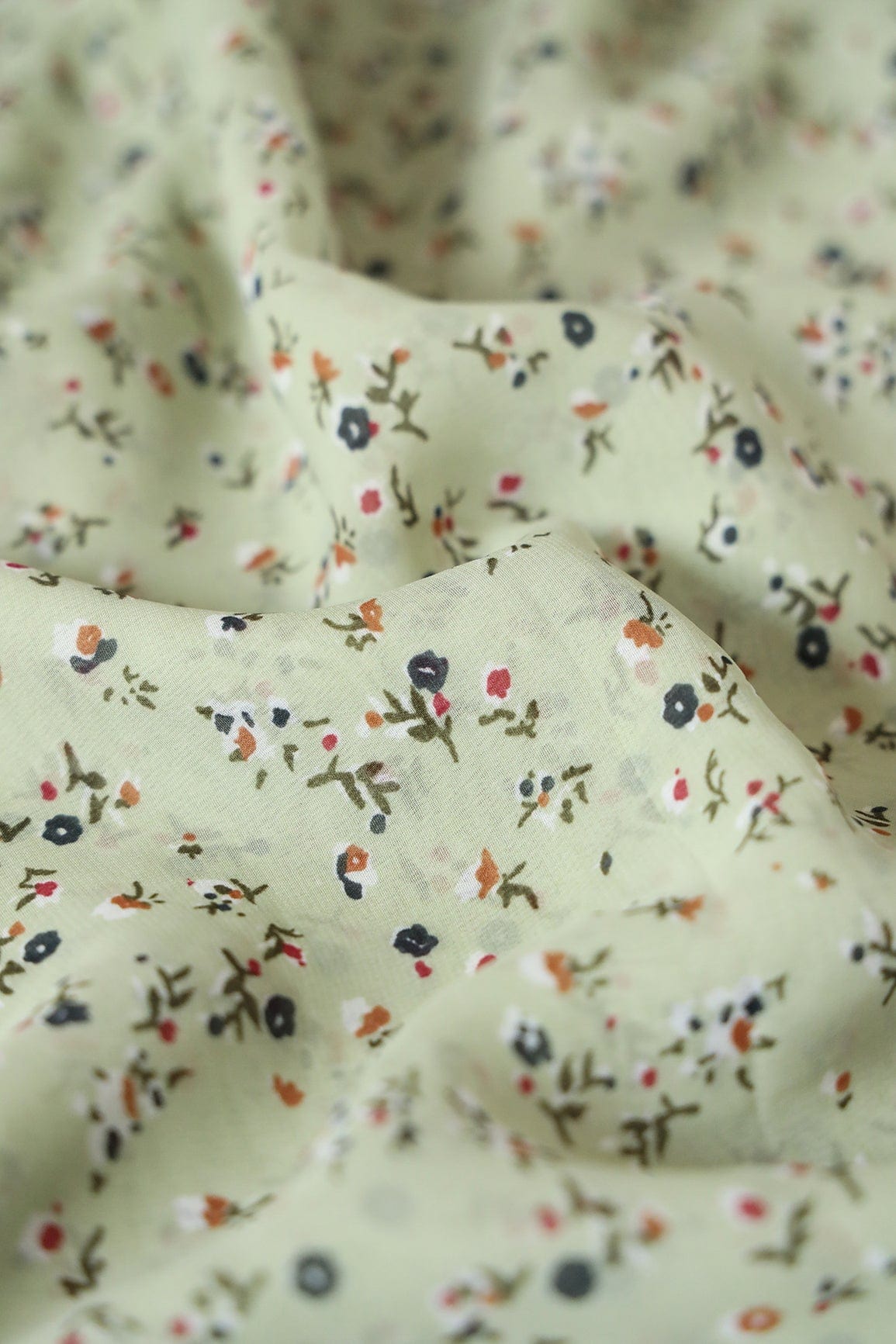 Big Width "56" Multi Color Small Floral Digital Print On Light Olive Georgette Fabric - doeraa