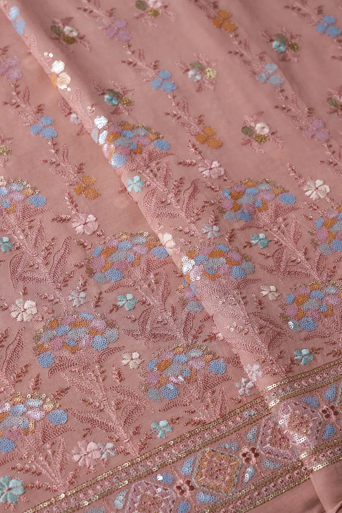 Big Width "56" Multi Sequins Floral Embroidery On Dusty Peach Viscose Georgette Fabric With Border - doeraa