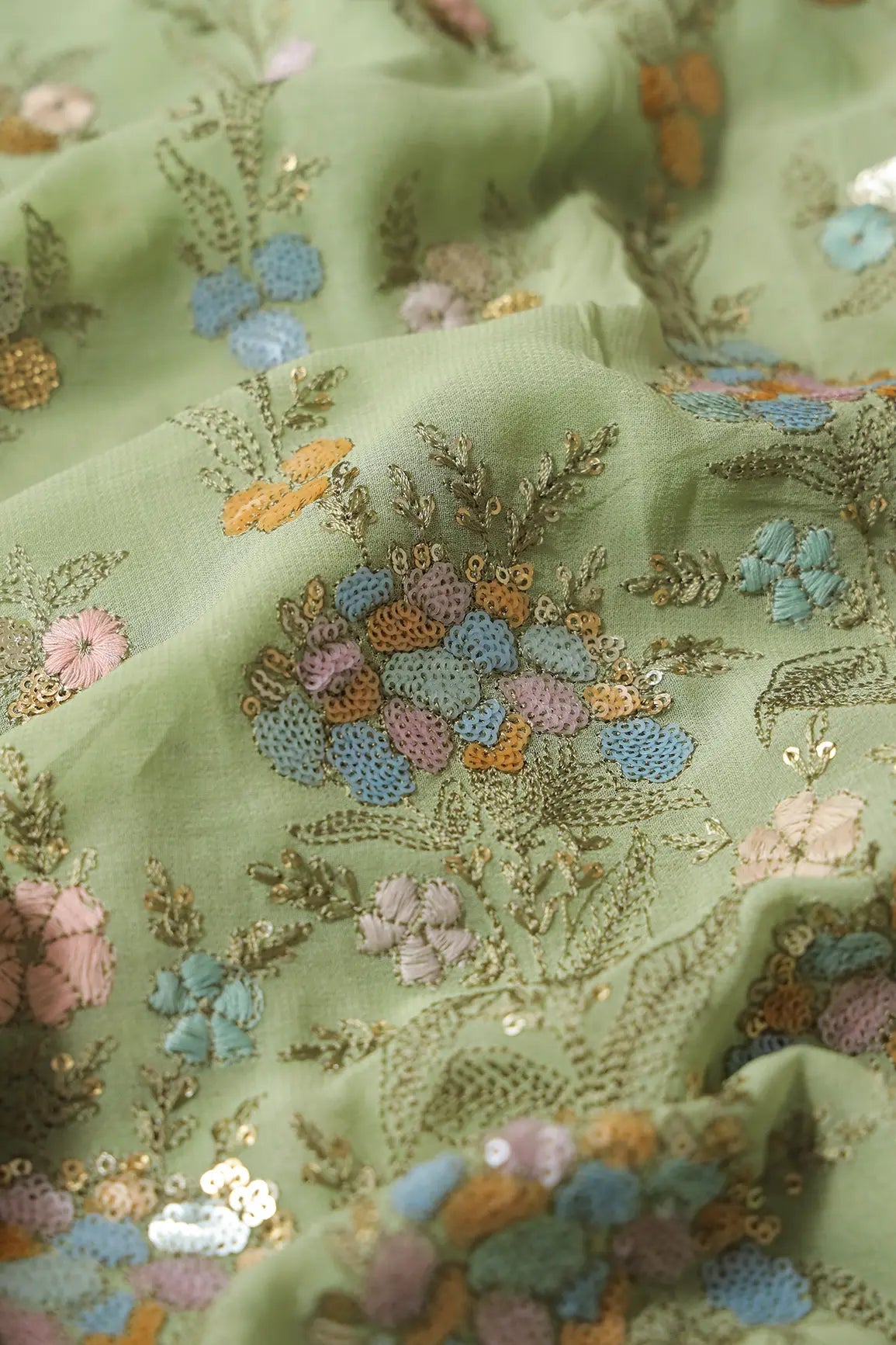 Big Width "56" Multi Sequins Floral Embroidery On Olive Viscose Georgette Fabric With Border - doeraa