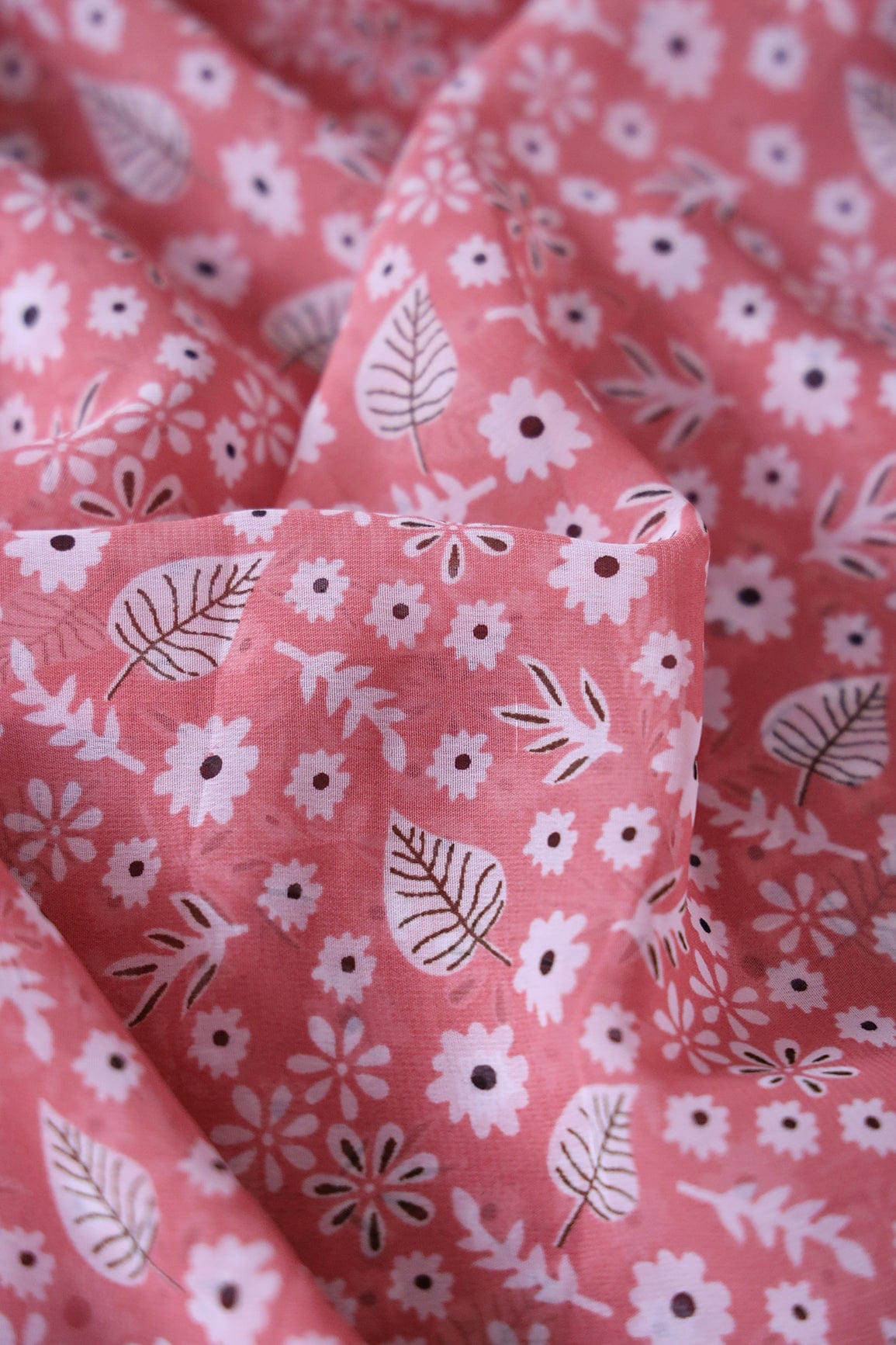 Big Width "56" White Small Floral Digital Print On Gajri Pink Georgette Fabric - doeraa