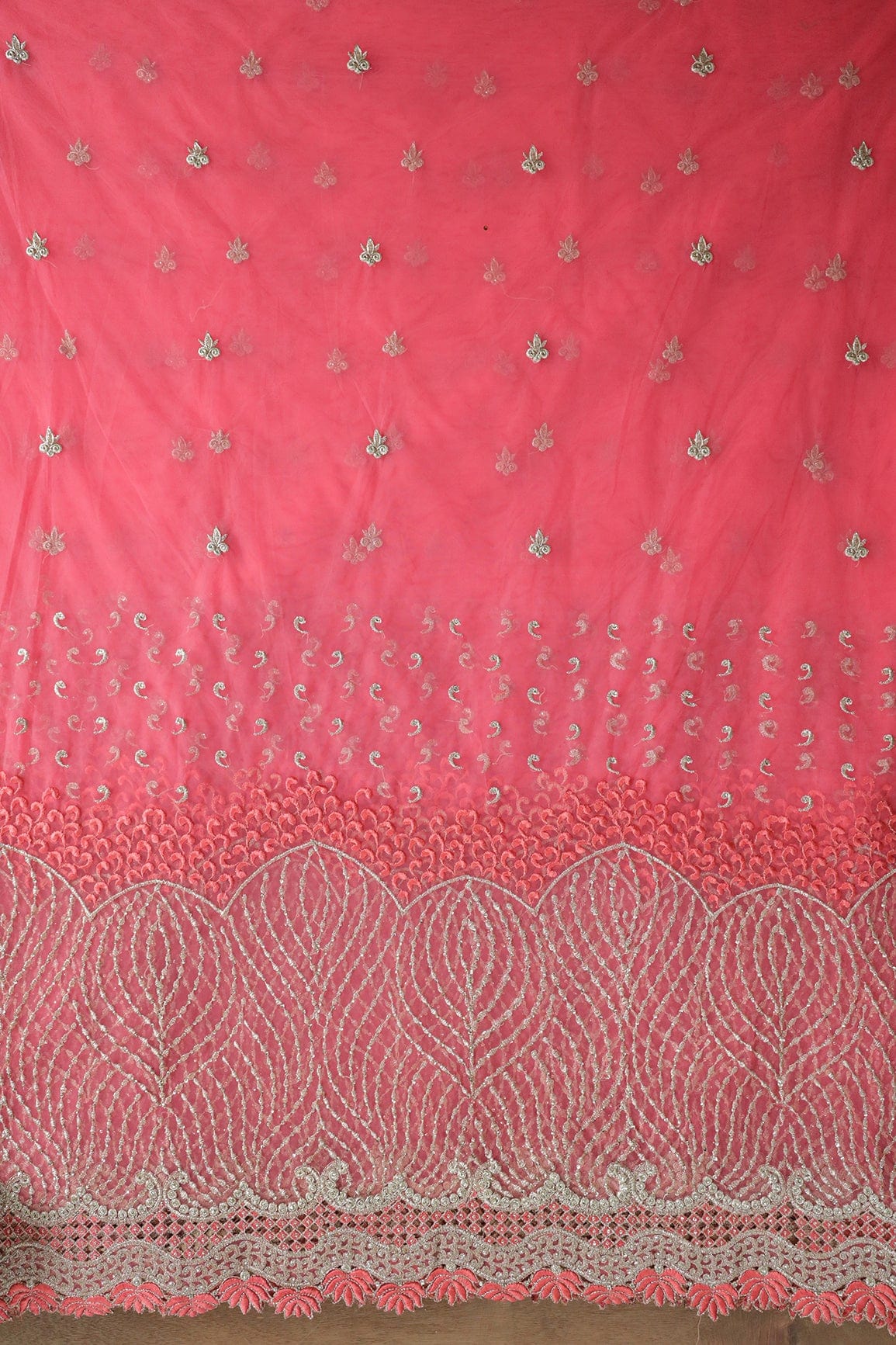 Big Width''56'' Gajri Pink Thread With Zari Traditional Embroidery Work On Gajri Pink Soft Net Fabric With Border - doeraa
