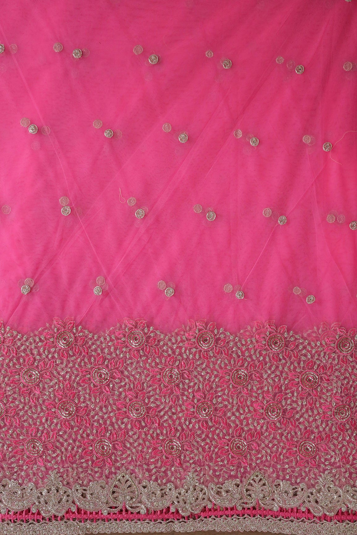 Big Width''56'' Pink Thread With Zari Floral Embroidery Work On Pink Soft Net Fabric With Border - doeraa