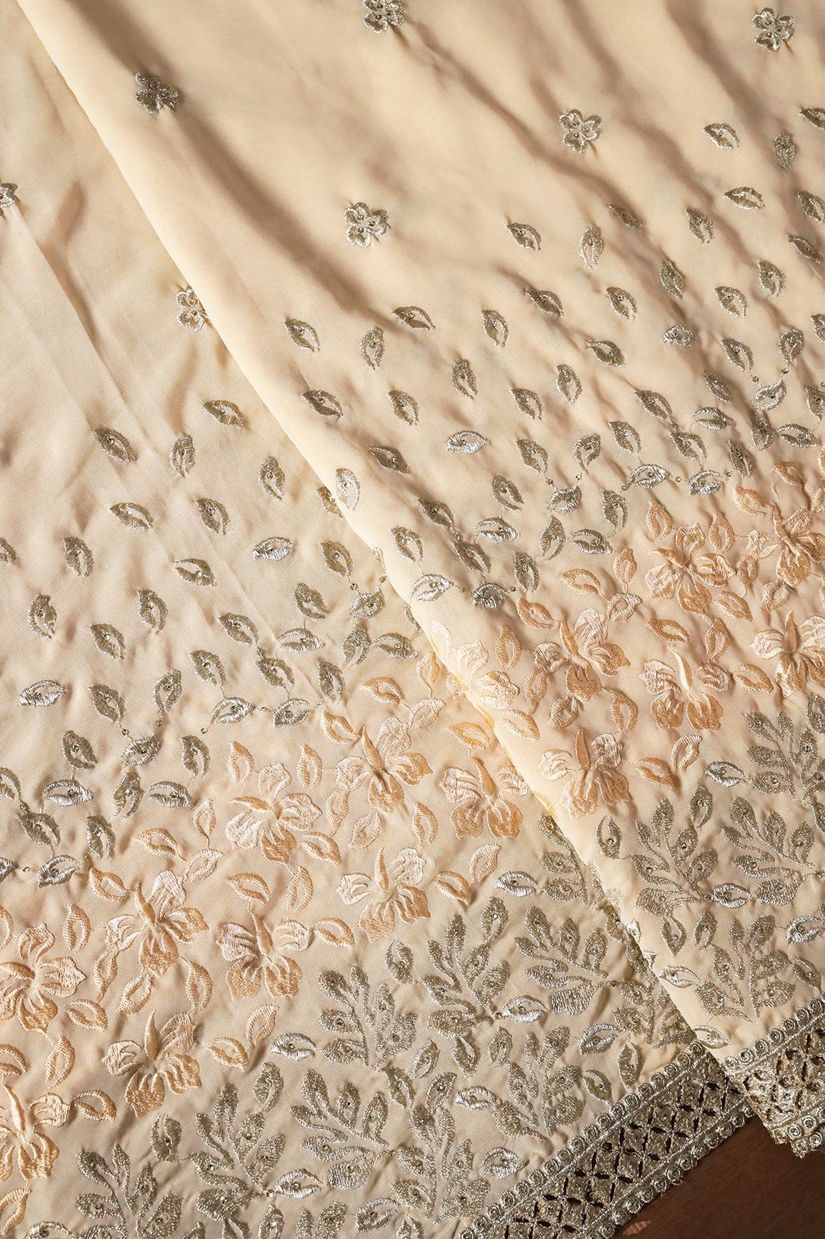 Big Width''56'' Silver Zari Leafy Embroidery Work On Beige Georgette Fabric With Border - doeraa