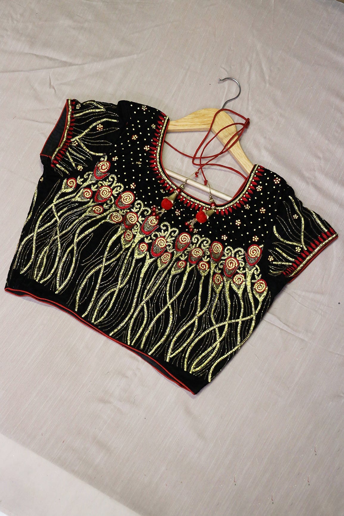 Black Hand Work Embroidery Velvet Stitched Blouse - doeraa