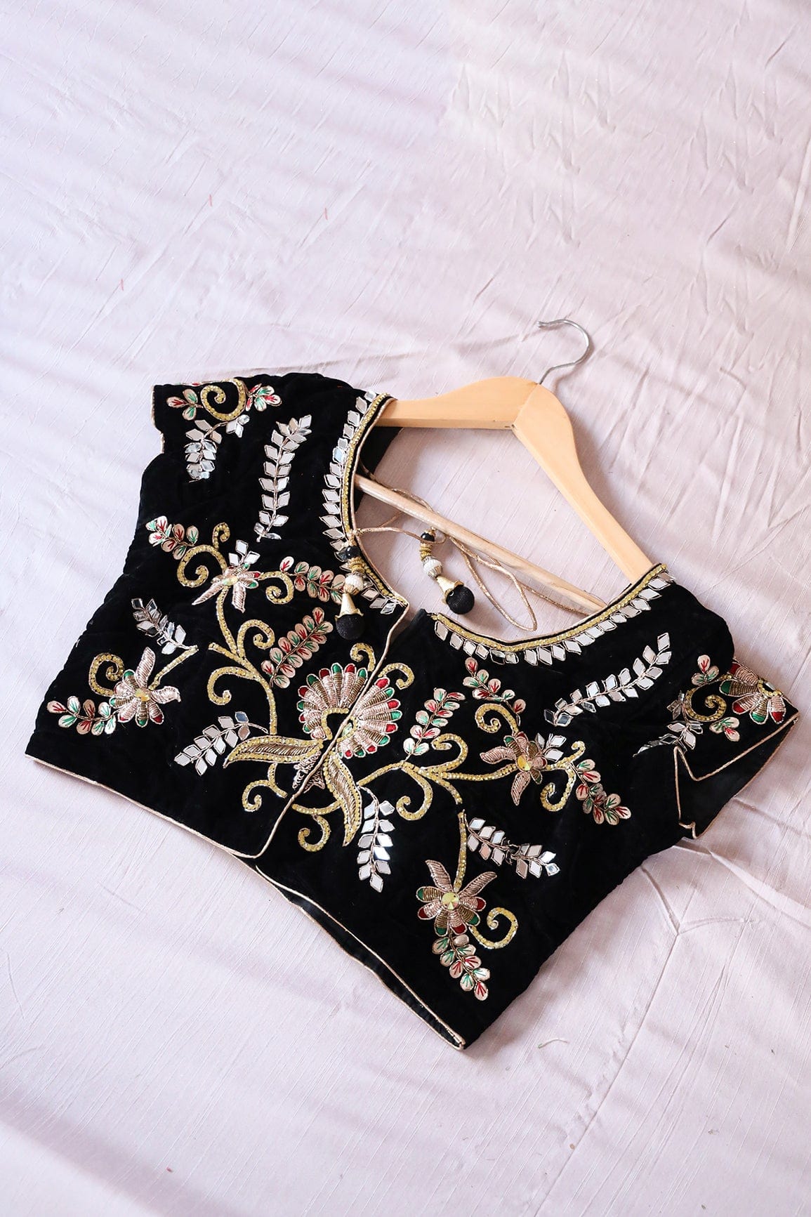 Black Hand Work Embroidery Velvet Stitched Blouse - doeraa