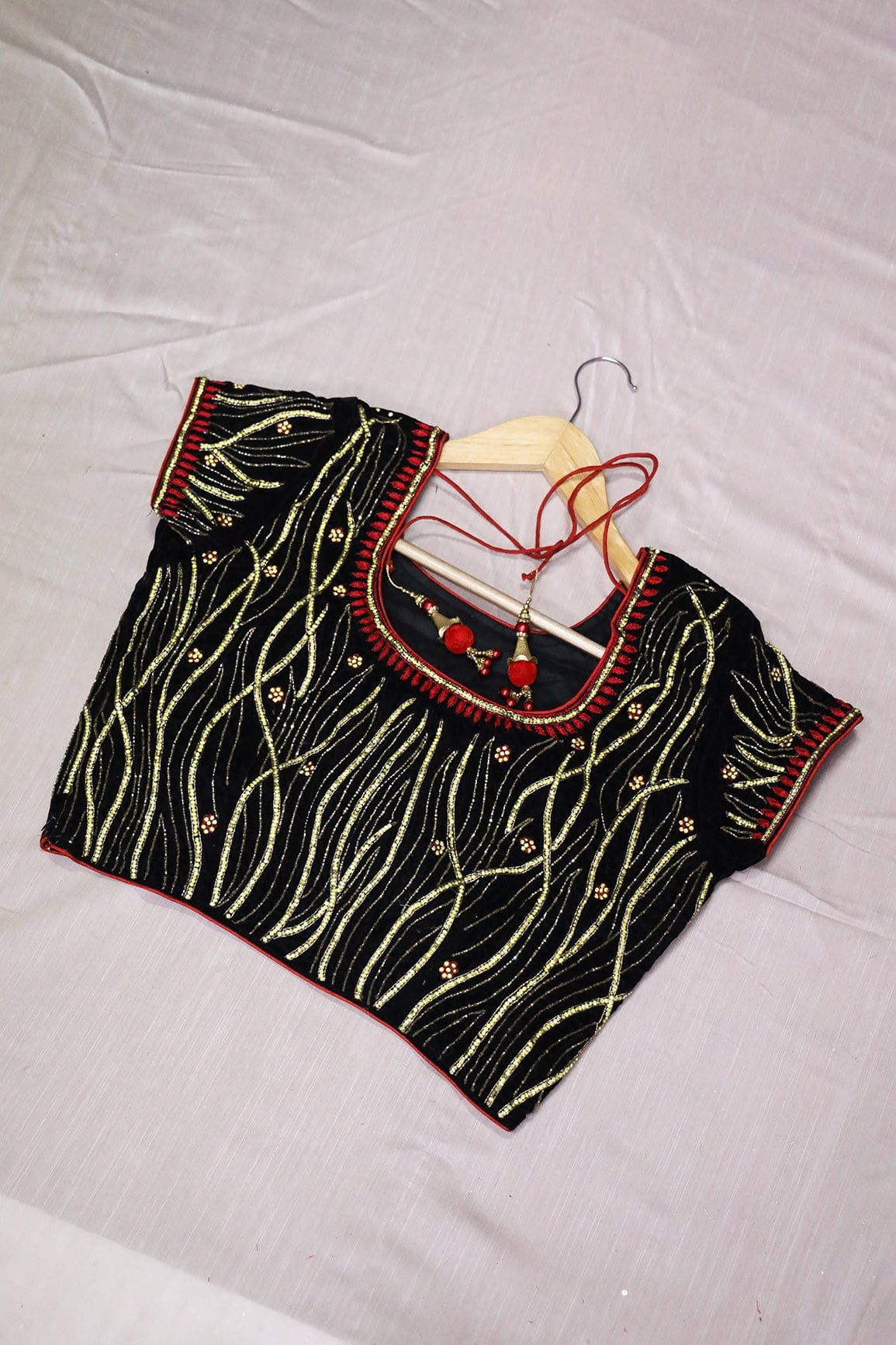 Black Hand Work Embroidery Velvet Stitched Blouse - doeraa