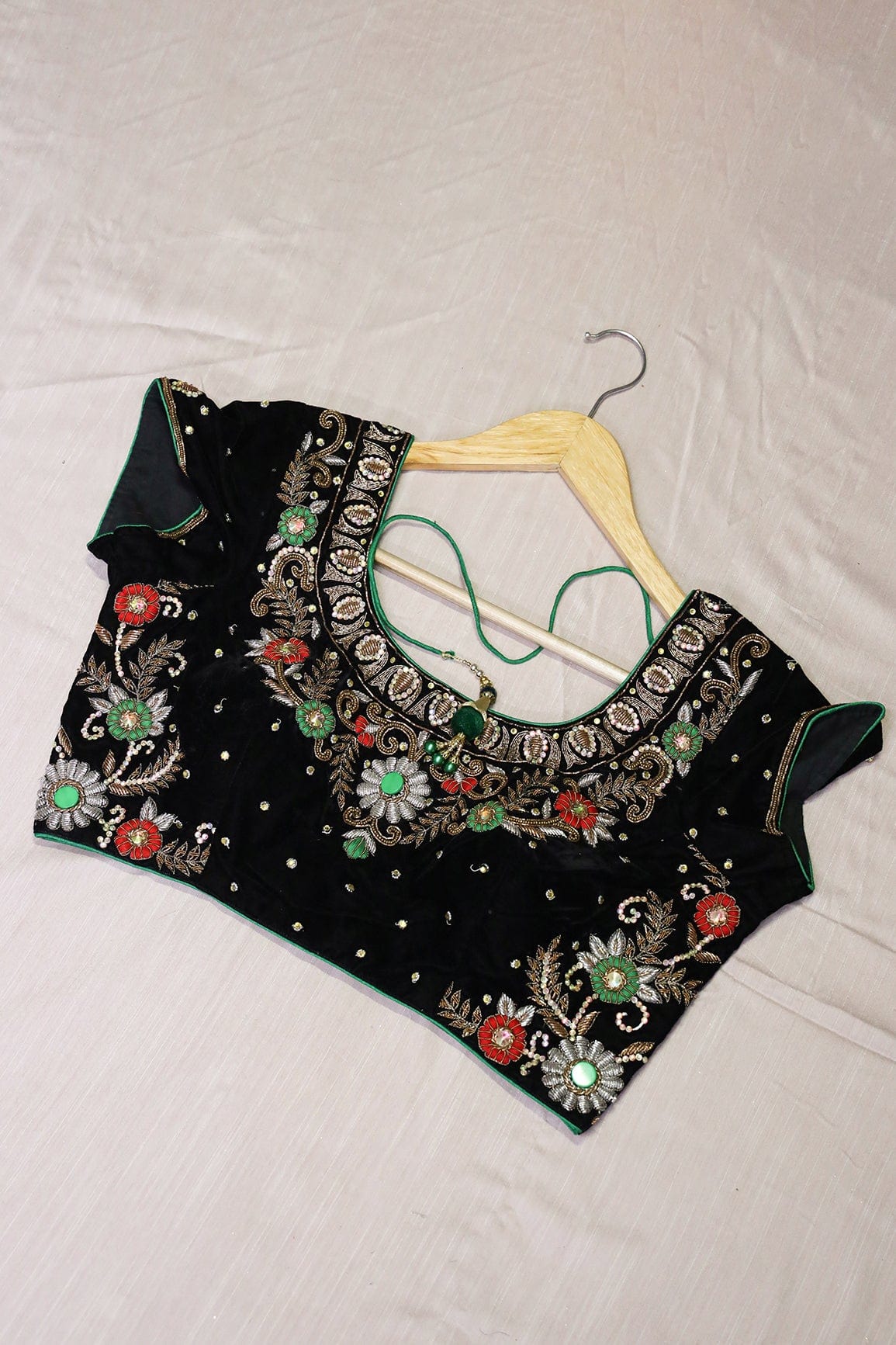 Black Hand Work Embroidery Velvet Stitched Blouse - doeraa