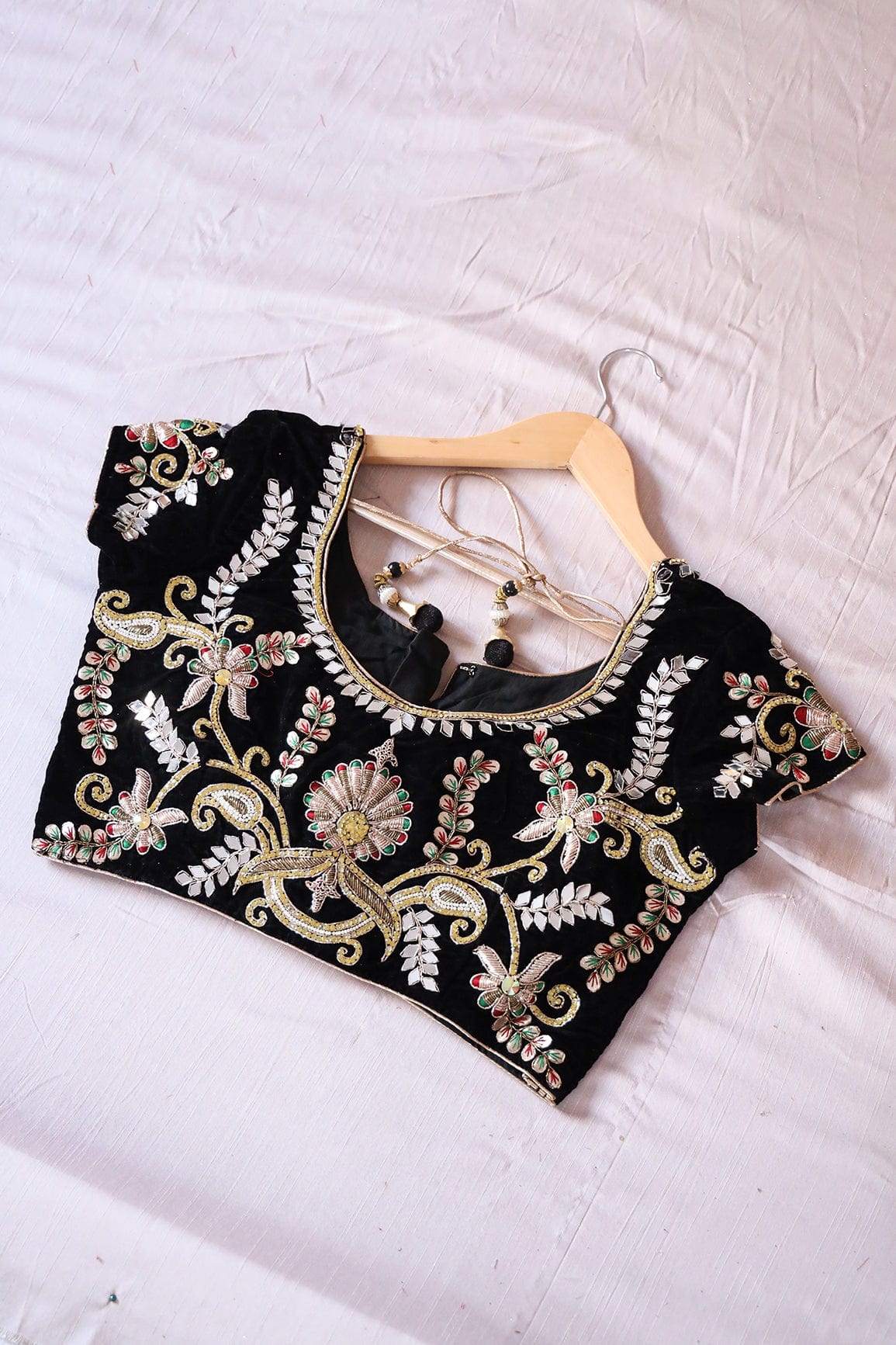 Black Hand Work Embroidery Velvet Stitched Blouse - doeraa