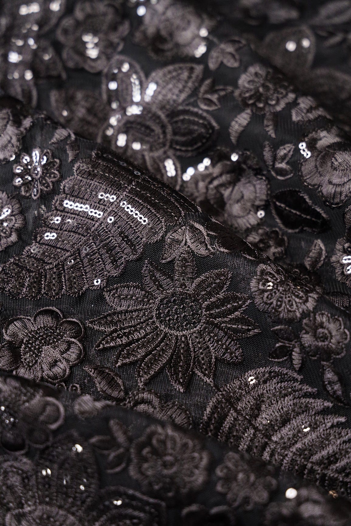 Black Thread With Sequins Heavy Floral Embroidery On Black Soft Net Fabric - doeraa