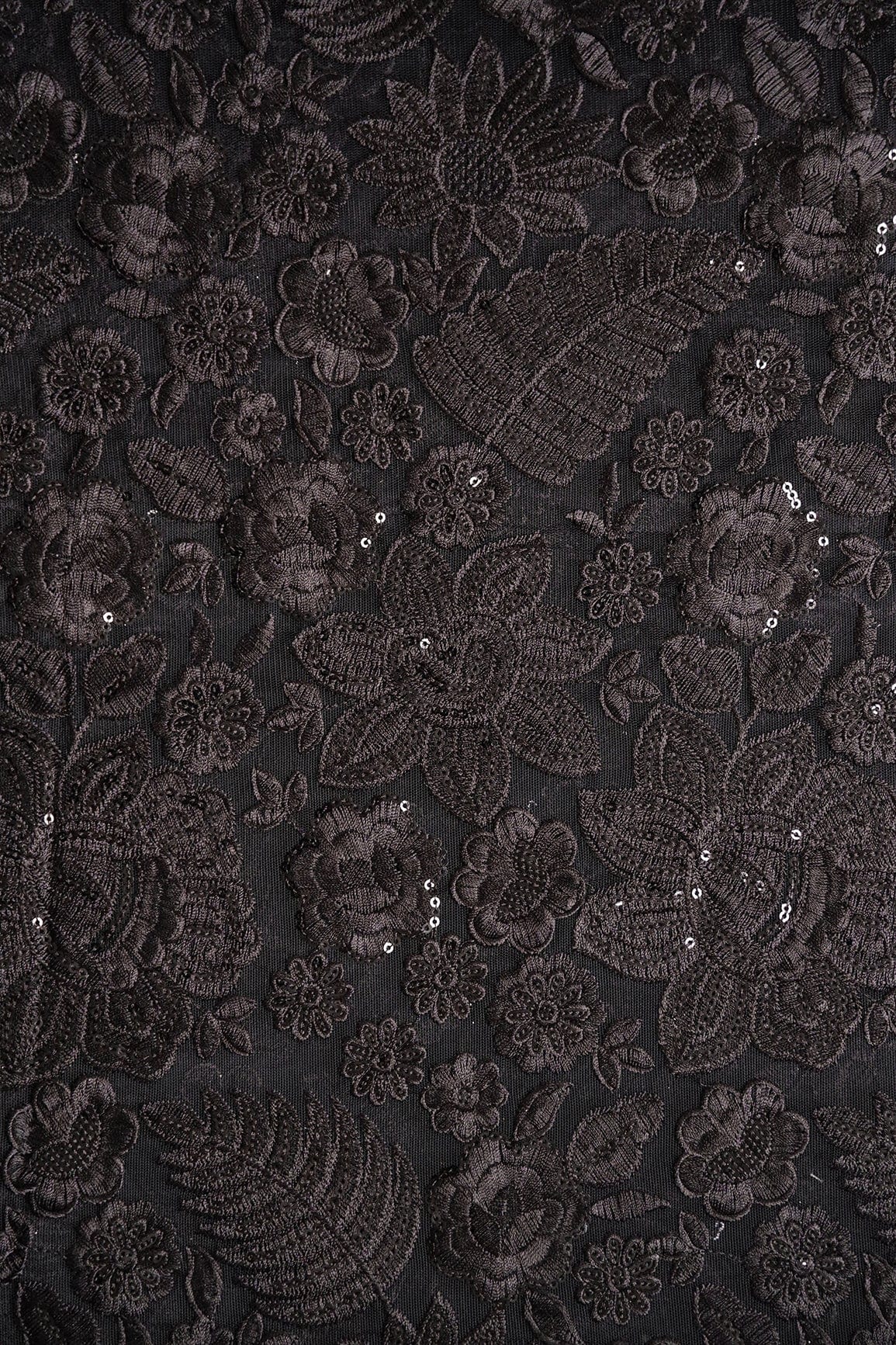 Black Thread With Sequins Heavy Floral Embroidery On Black Soft Net Fabric - doeraa