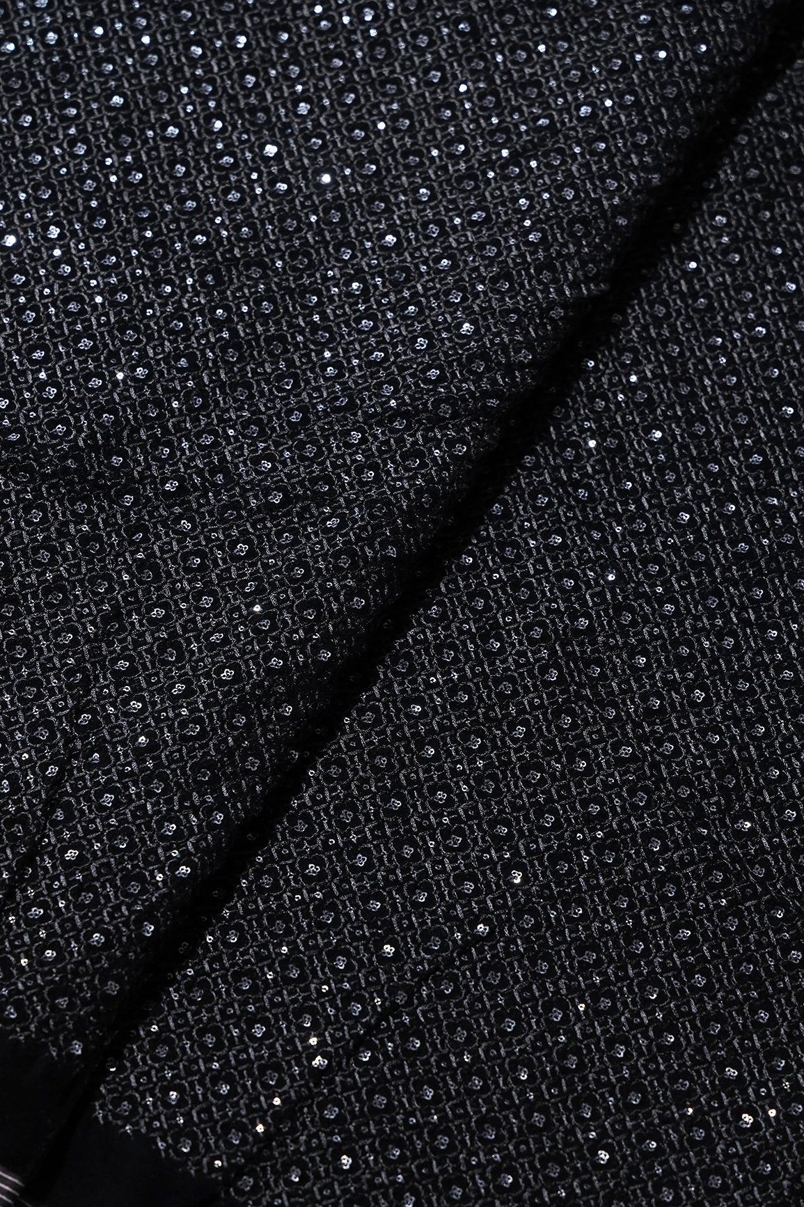 Black Thread With Sequins Small Checks Embroidery Work On Black Velvet Fabric - doeraa