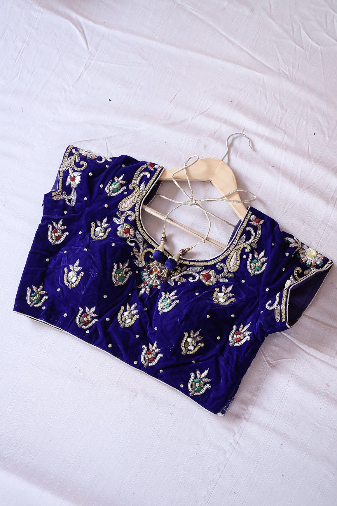 Blue Hand Work Embroidery Velvet Stitched Blouse - doeraa