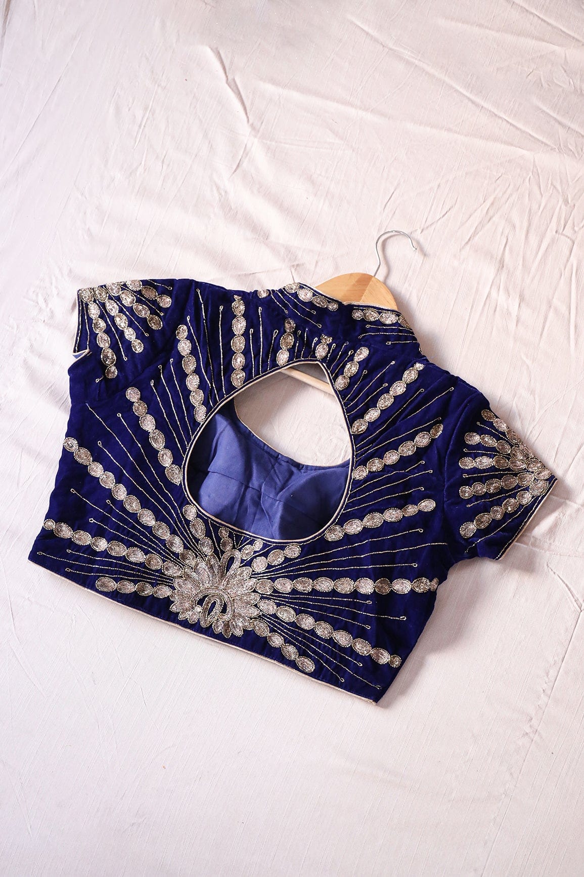 Blue Hand Work Embroidery Velvet Stitched Blouse - doeraa