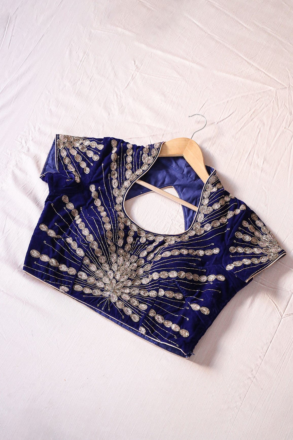 Blue Hand Work Embroidery Velvet Stitched Blouse - doeraa