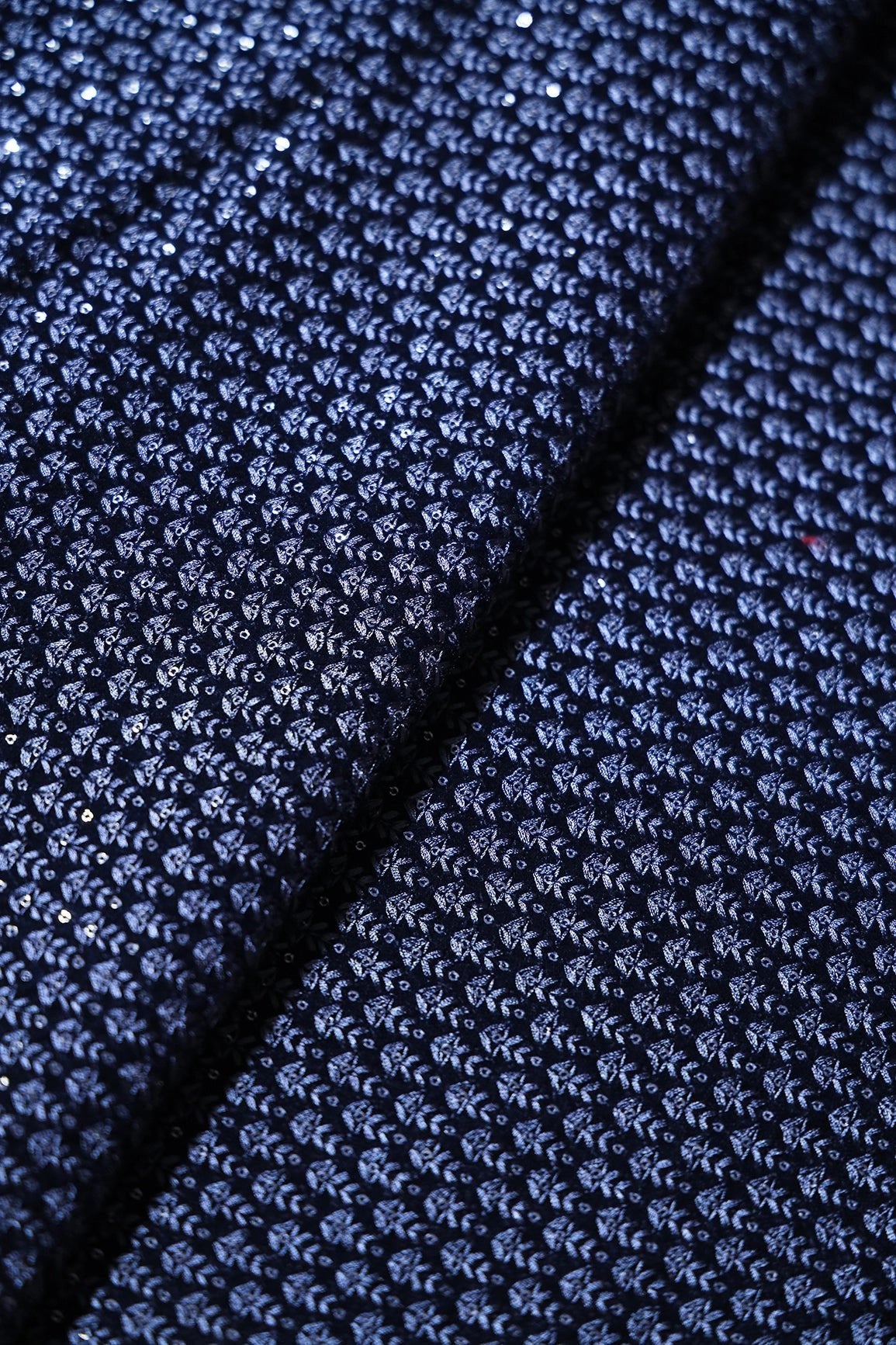 Blue Thread With Sequins Small Floral Embroidery Work On Navy Blue Velvet Fabric - doeraa