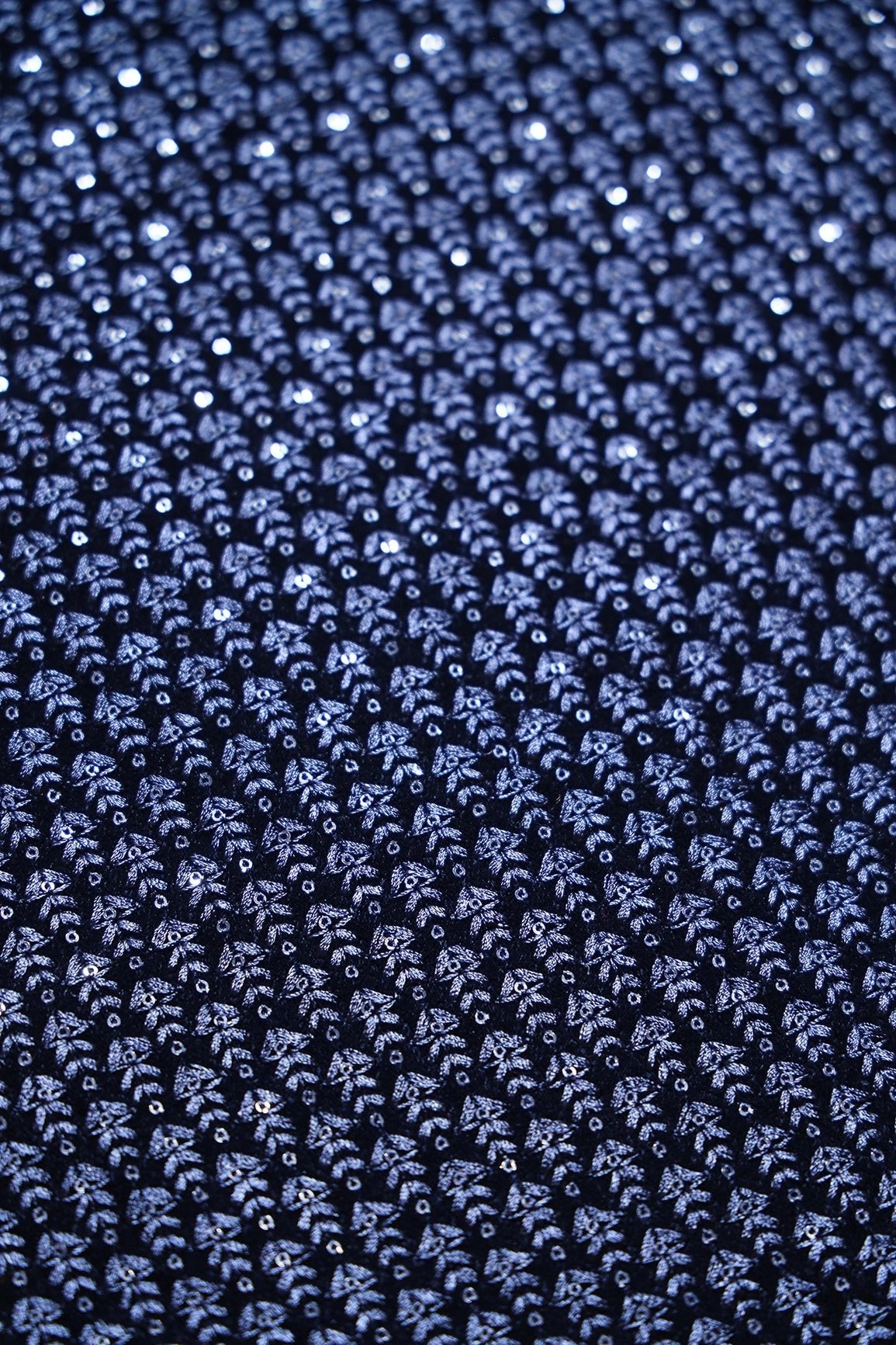 Blue Thread With Sequins Small Floral Embroidery Work On Navy Blue Velvet Fabric - doeraa
