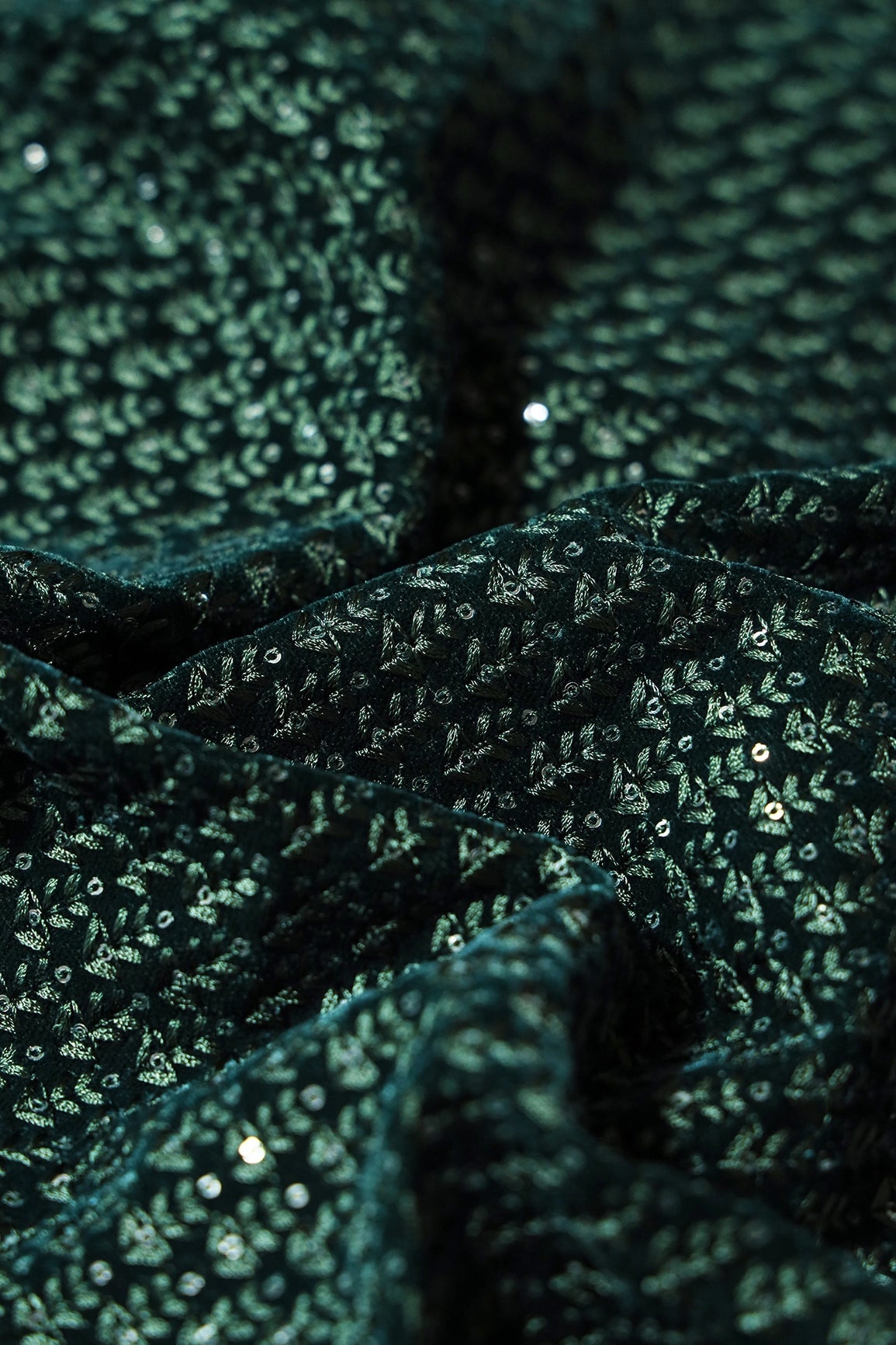 Bottle Green Thread With Sequins Small Floral Embroidery Work On Bottle Green Velvet Fabric - doeraa