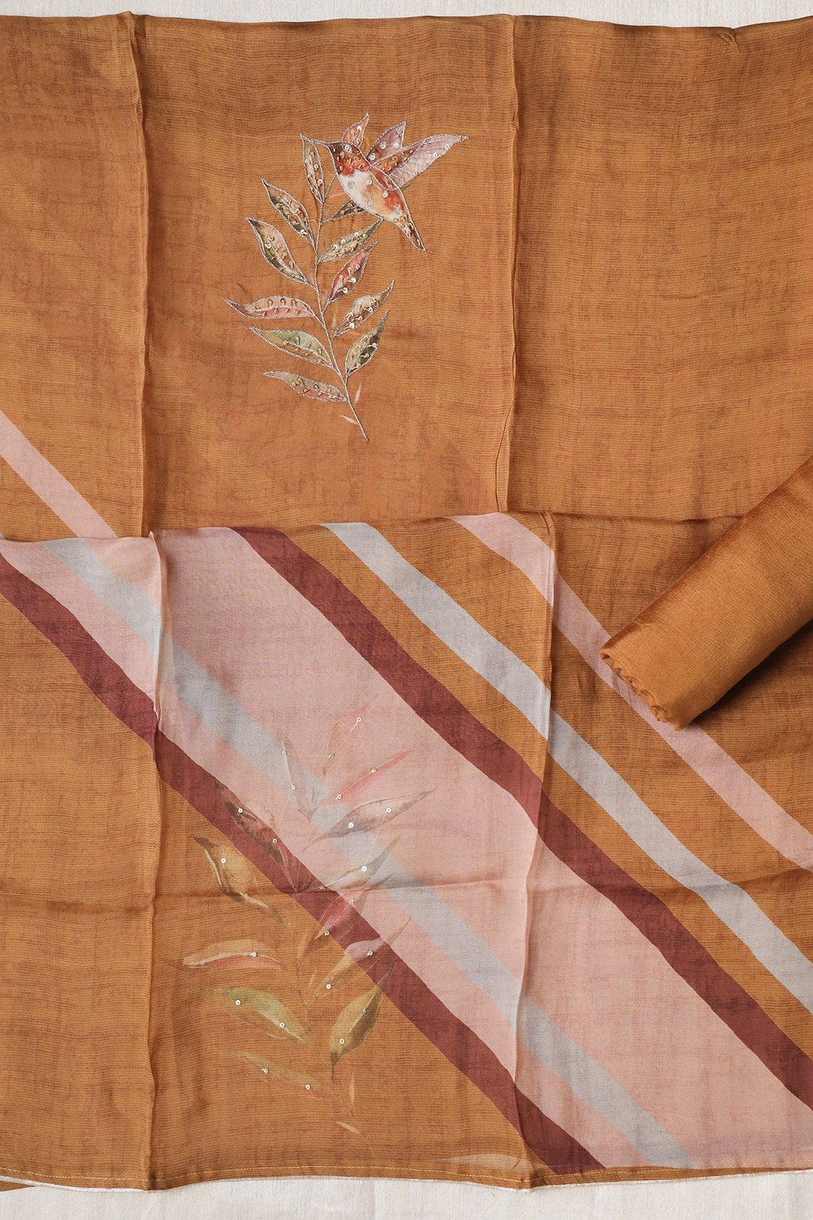 Bronze Orange Semi Stitched Pure Organza Suit Set (3 piece) - doeraa