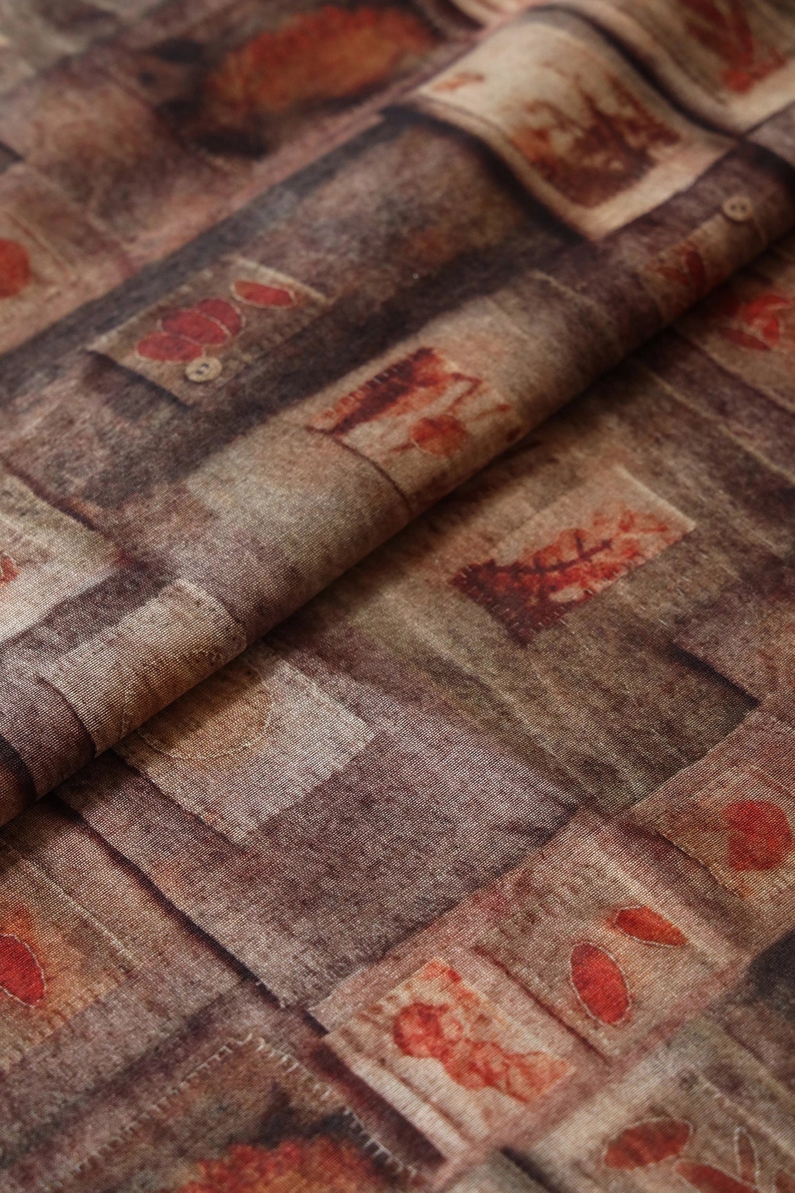 Brown And Cream Geometric Pattern Digital Print On Mulberry Silk Fabric - doeraa