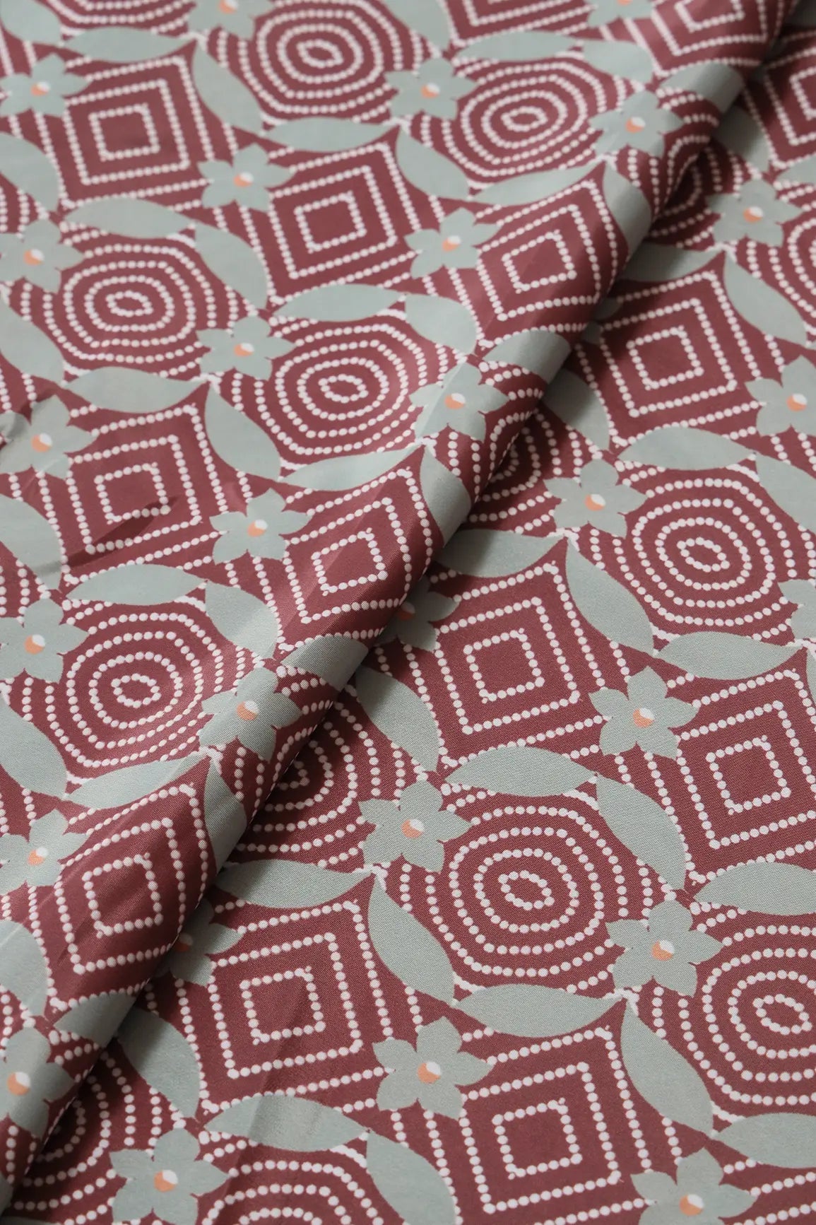 Brown And Olive Geometric Pattern Digital Print On French Crepe Fabric - doeraa