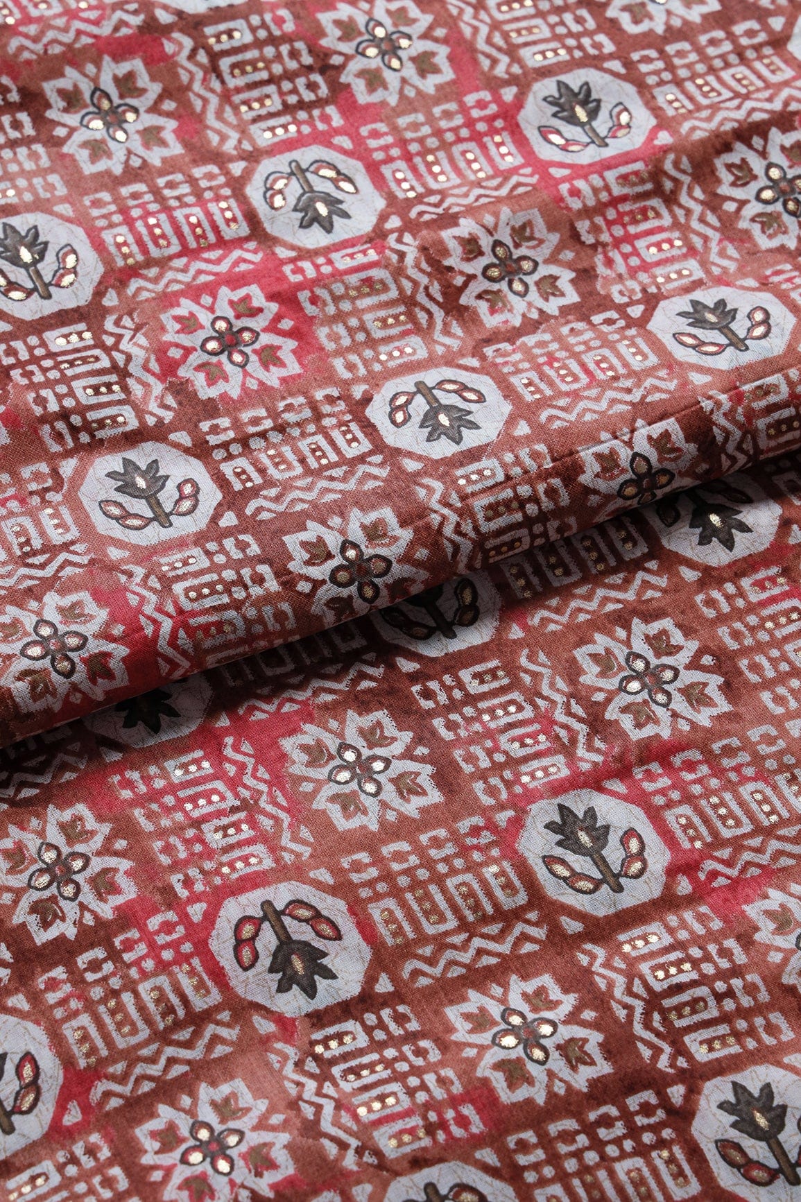 Brown And White Color Geometric Foil Print On Pure Mul Cotton Fabric - doeraa