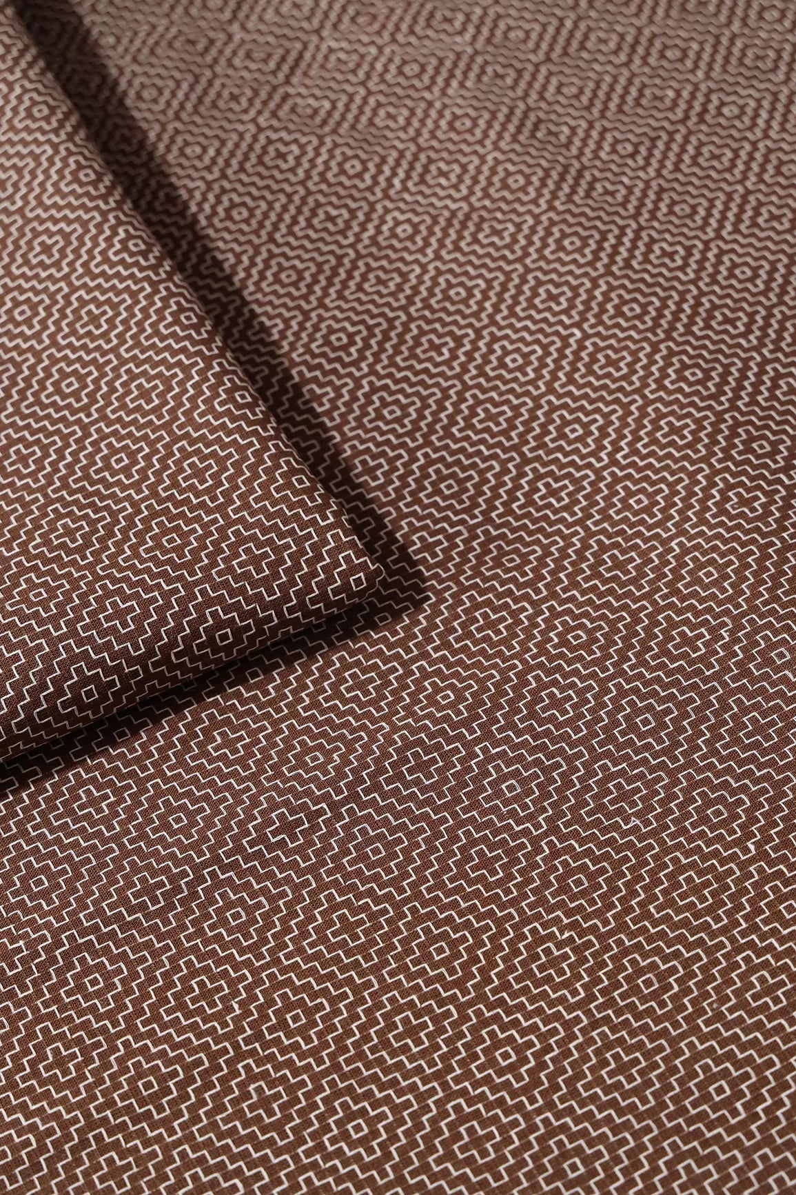 Brown And White Geometric Pattern Handwoven Organic Cotton Fabric - doeraa