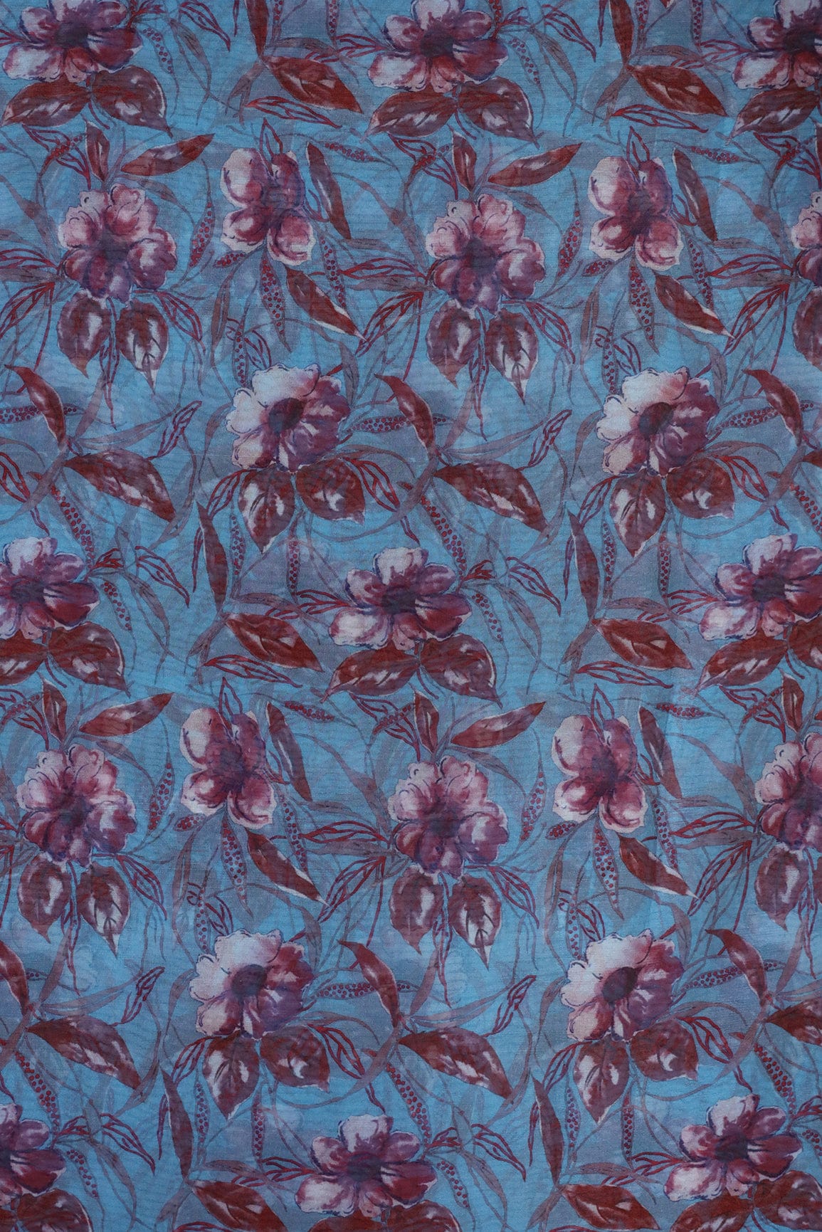 Brown Floral Digital Print On Light Blue Organza Fabric - doeraa