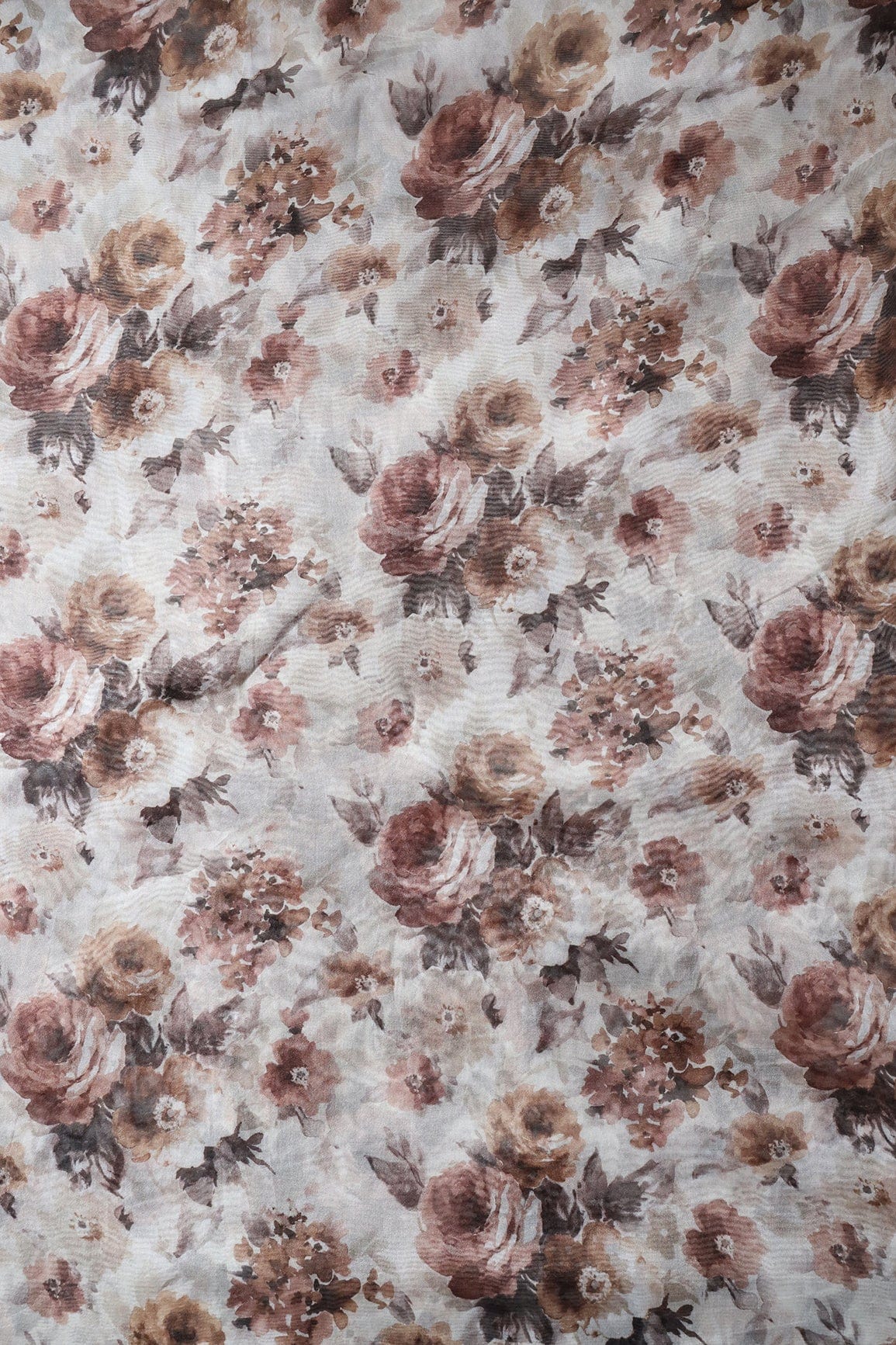 Brown Floral Digital Print On White Organza Fabric - doeraa