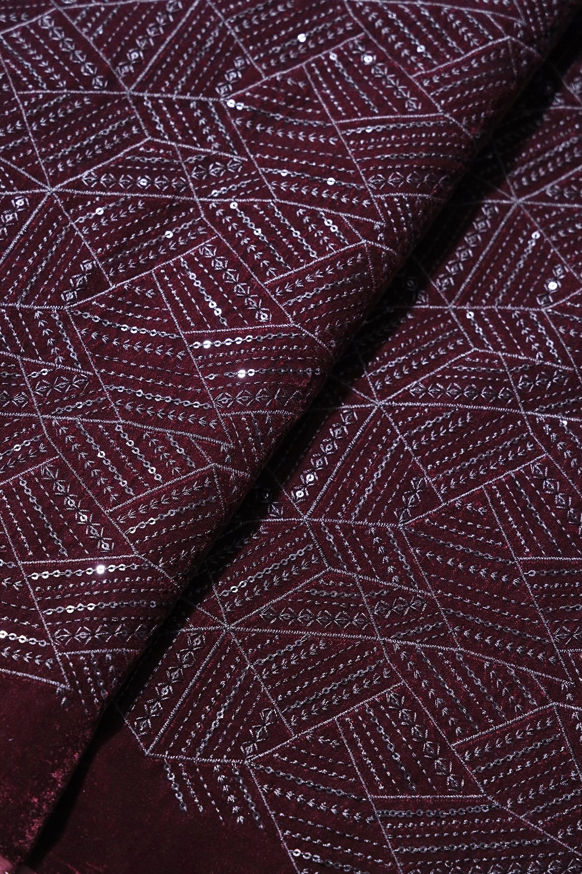Brown Thread With Sequins Geometric Embroidery Work On Brown Velvet Fabric - doeraa