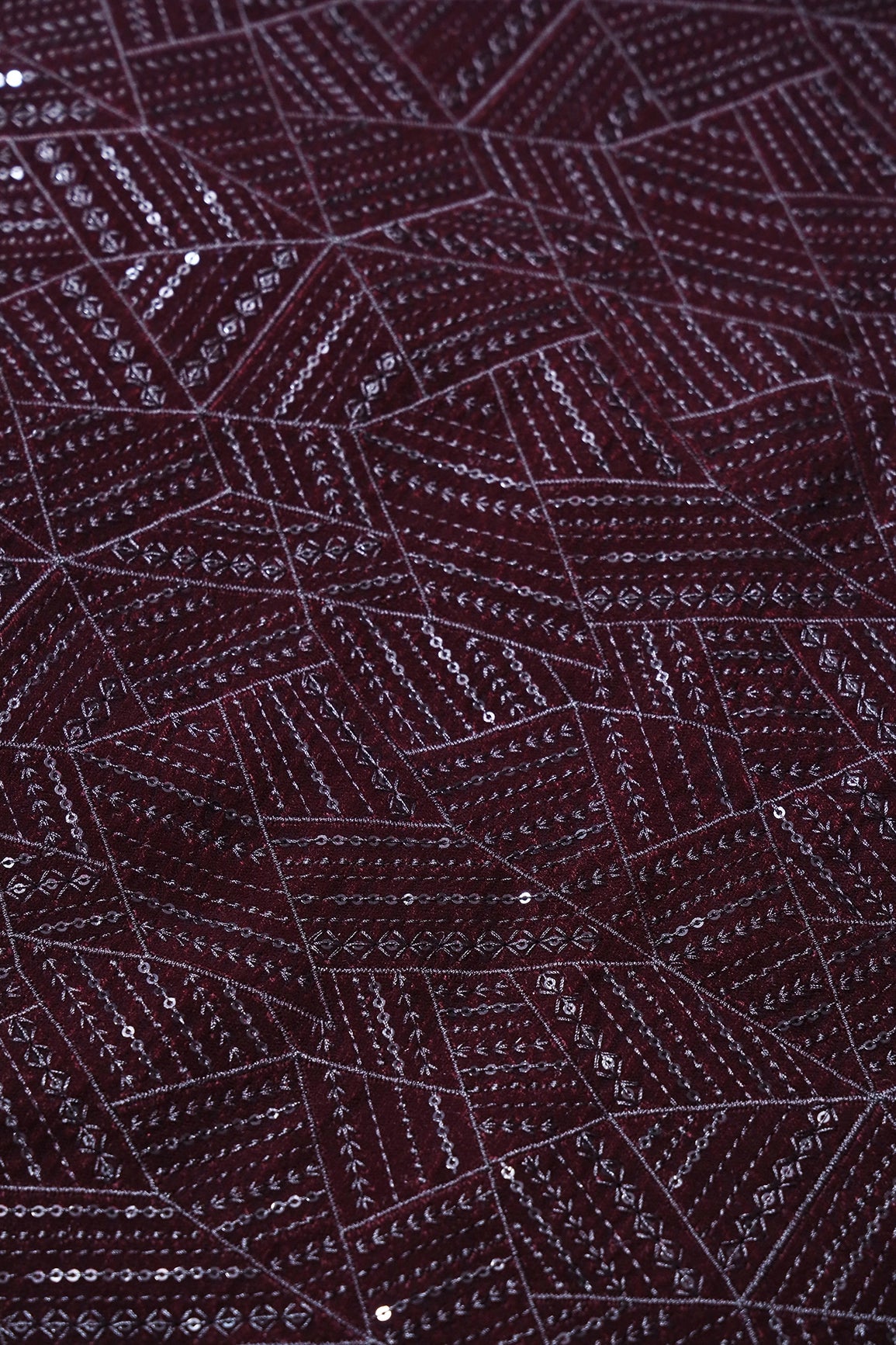 Brown Thread With Sequins Geometric Embroidery Work On Brown Velvet Fabric - doeraa