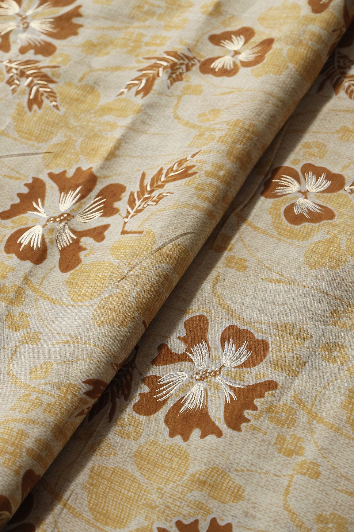 Cream And Light Brown Floral Foil Print On Viscose Chanderi Silk Fabric - doeraa