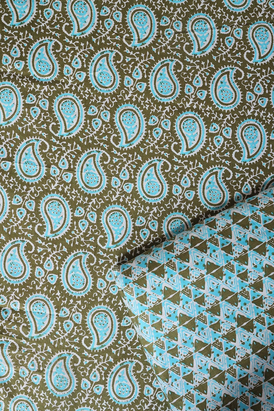 Dark Olive And Sky Blue Pure Cotton Unstitched Suit (2 Piece) - doeraa