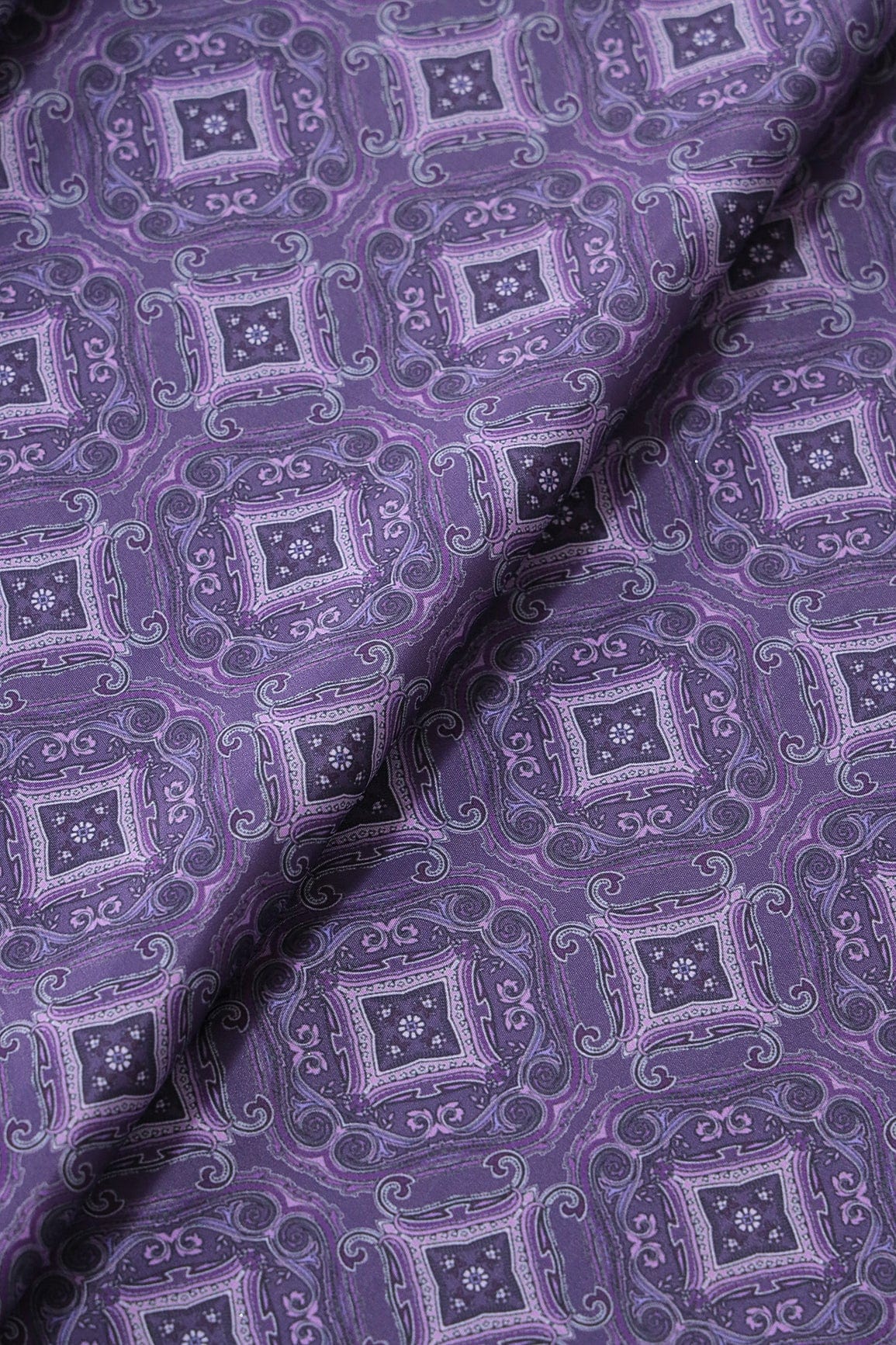 Dark Purple Traditional Pattern Digital Print On Purple French Crepe Fabric - doeraa