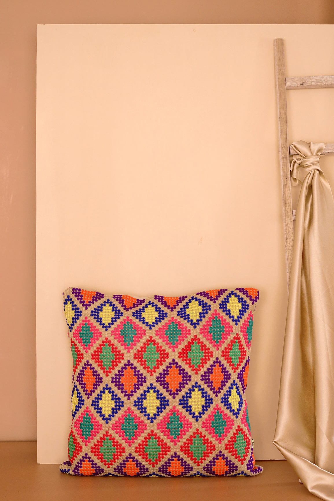 Dotted Pattern Multi-colour Embroidery on Off White cotton Cushion Cover (16*16 inches) - doeraa