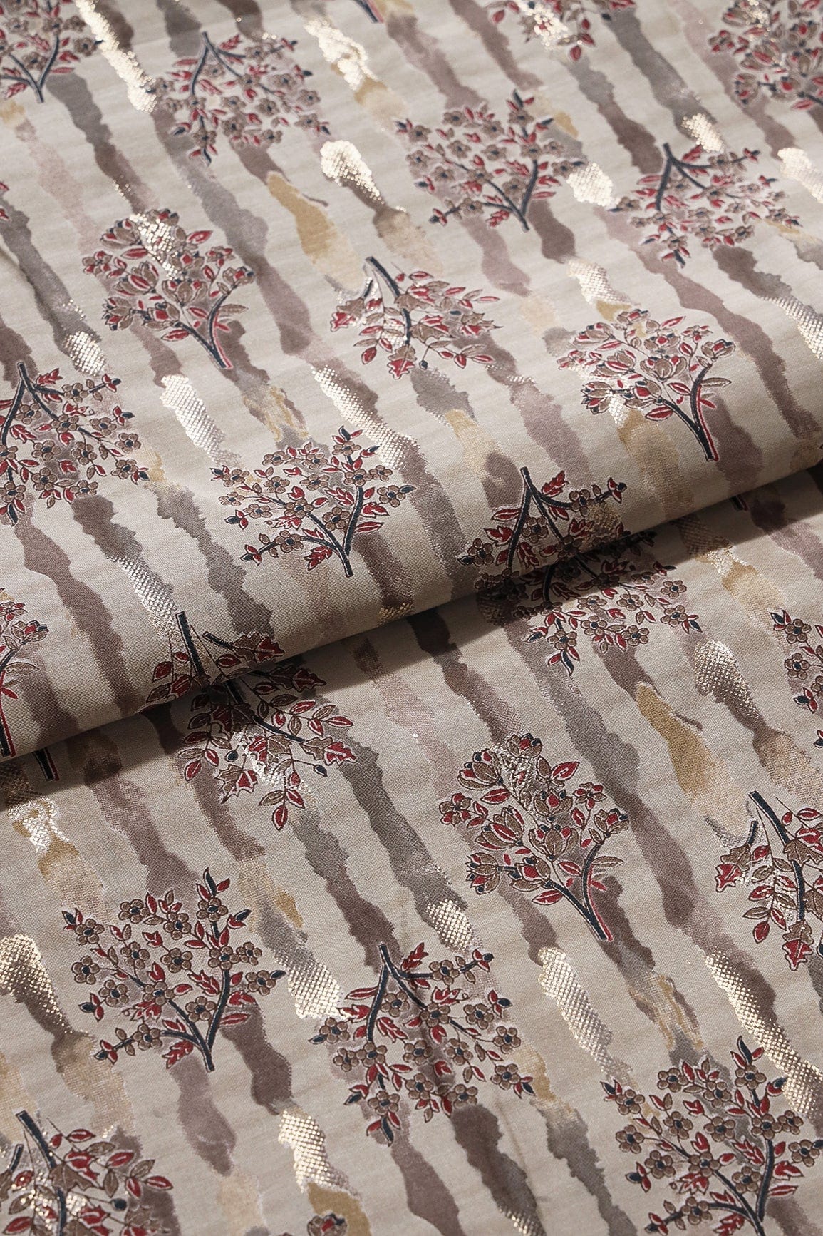Dusty Brown And Light Beige Foil Floral Print On Viscose Chanderi Silk Fabric - doeraa