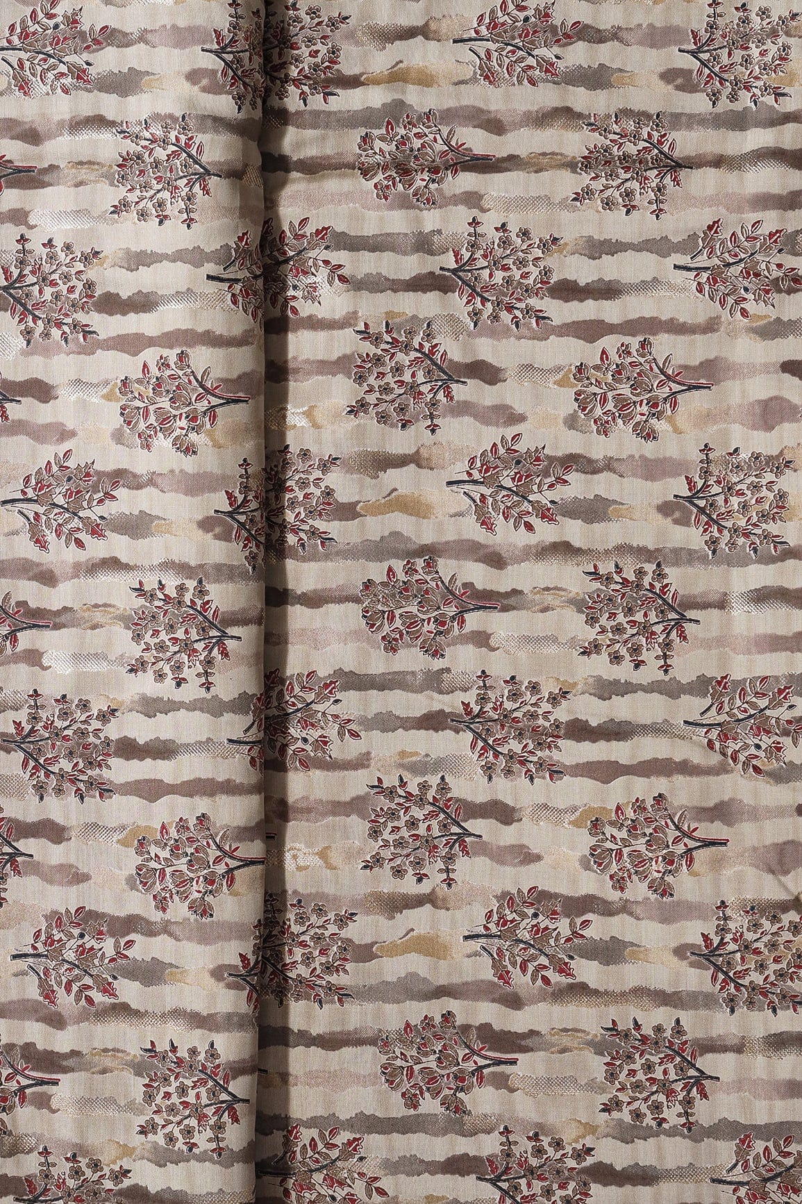 Dusty Brown And Light Beige Foil Floral Print On Viscose Chanderi Silk Fabric - doeraa