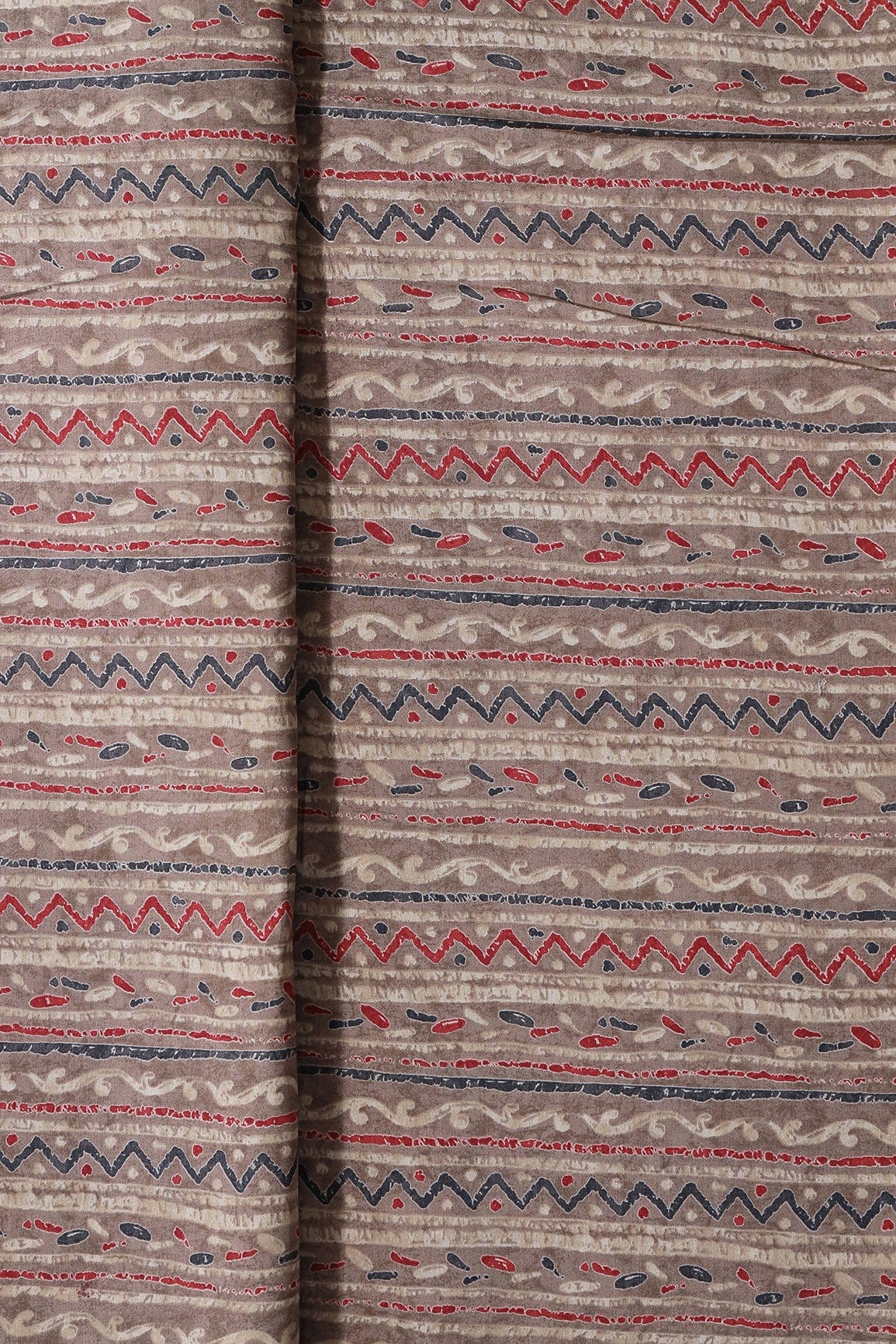Dusty Brown And Light Beige Stripes Print On Viscose Chanderi Silk Fabric - doeraa