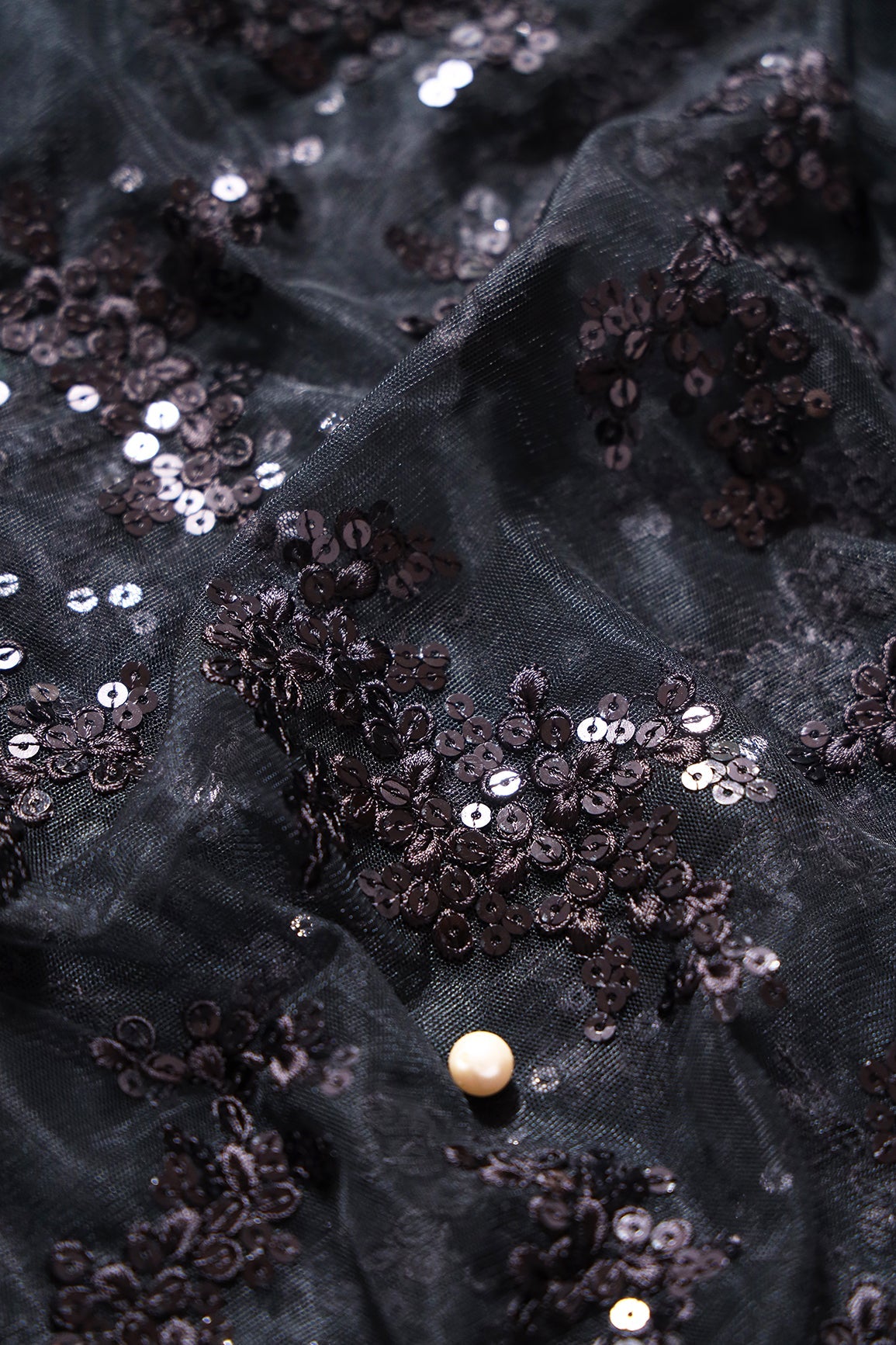 Exclusive Black Thread With Sequins Abstract Embroidery Work On Black Soft Net Fabric - doeraa