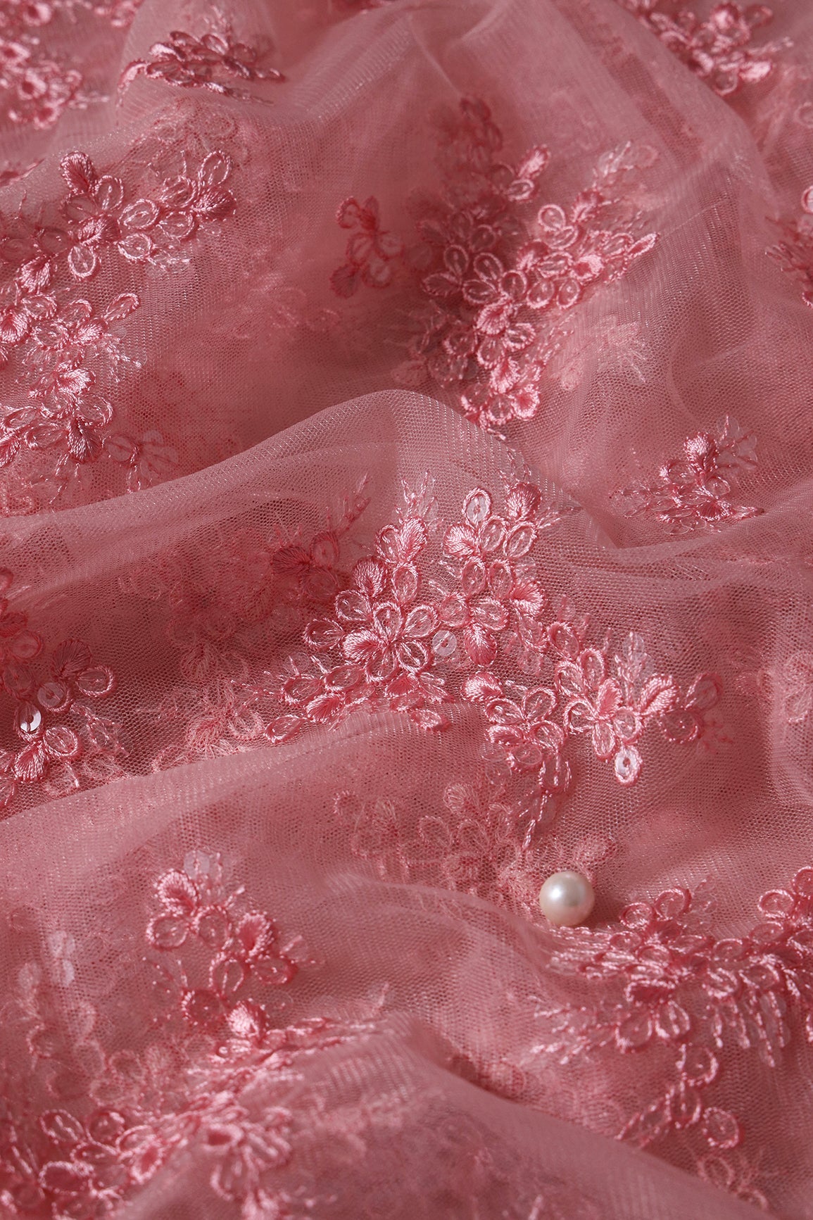 Exclusive Pink Thread With Sequins Abstract Embroidery Work On Pink Soft Net Fabric - doeraa