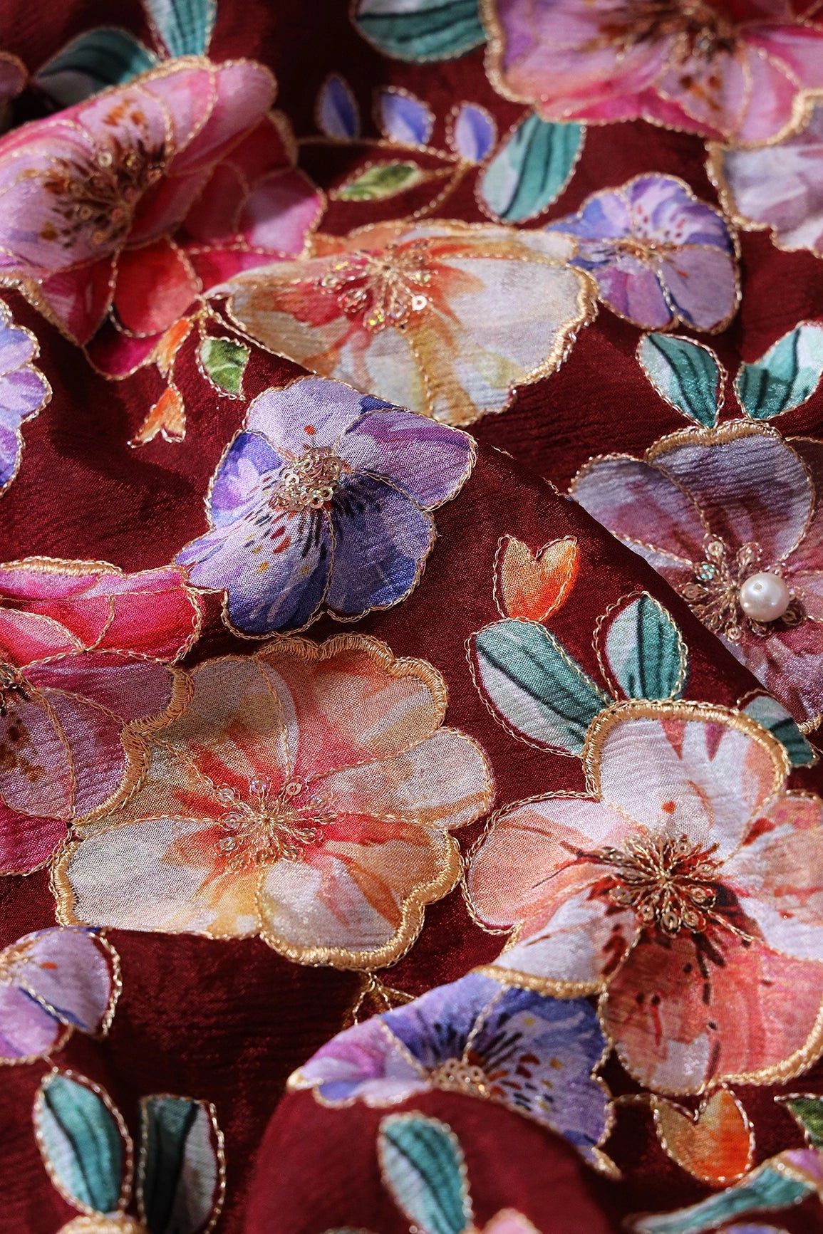 Floral Position Print On Sequins Embroidery Maroon Viscose Chinnon Chiffon Fabric - doeraa
