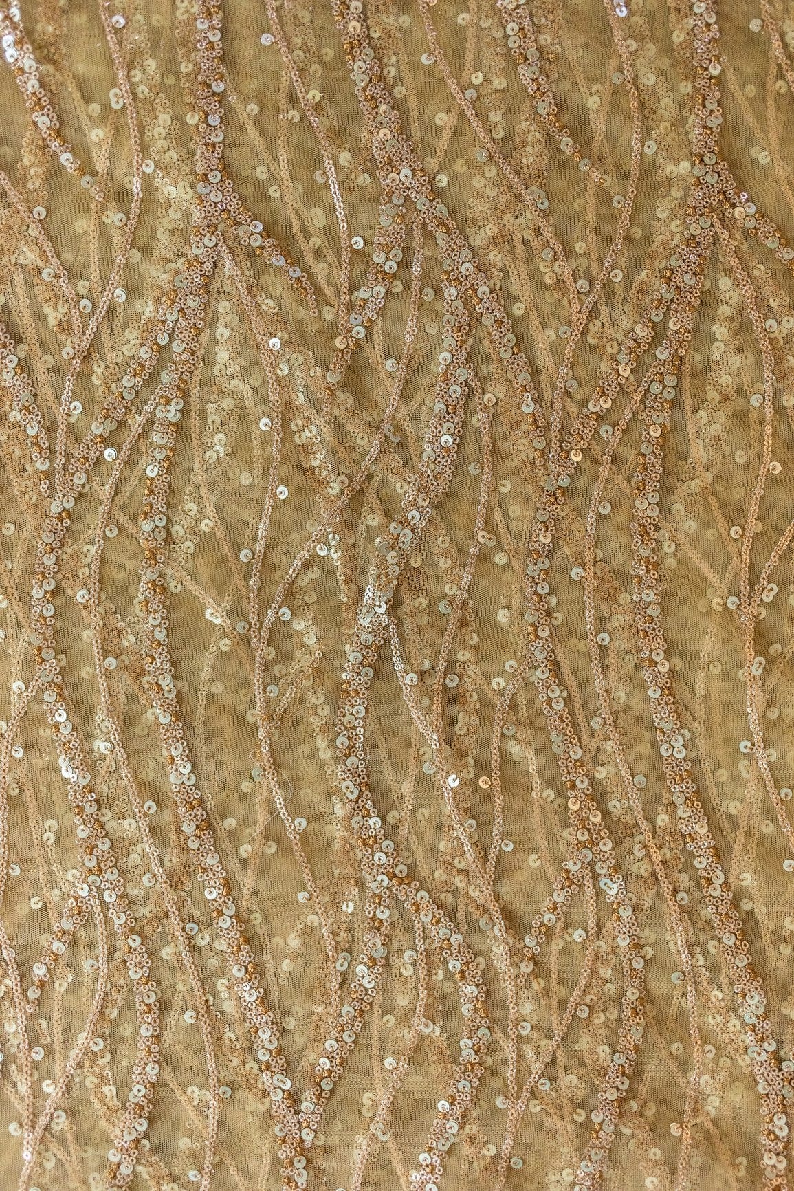 Gold And Silver Sequins With Beige Thread Embroidery on Beige Soft Net - doeraa