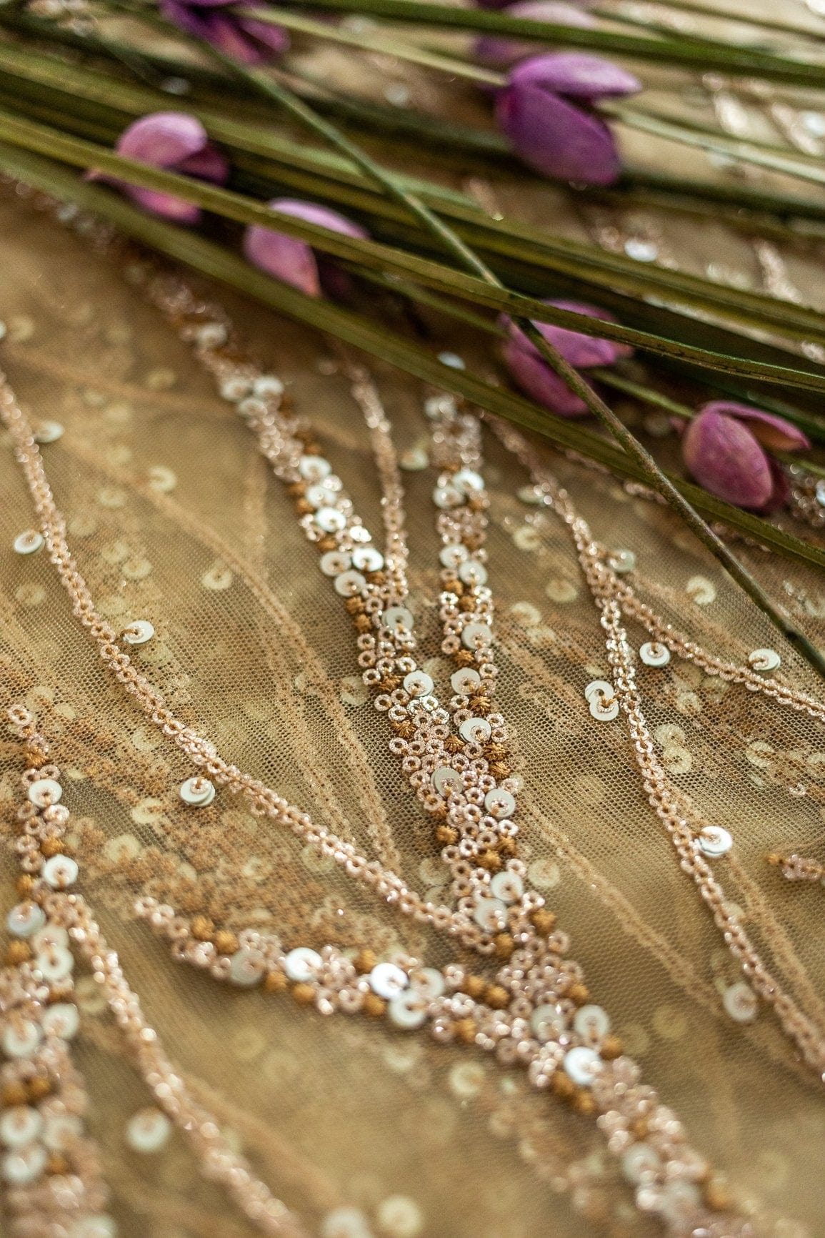 Gold And Silver Sequins With Beige Thread Embroidery on Beige Soft Net - doeraa