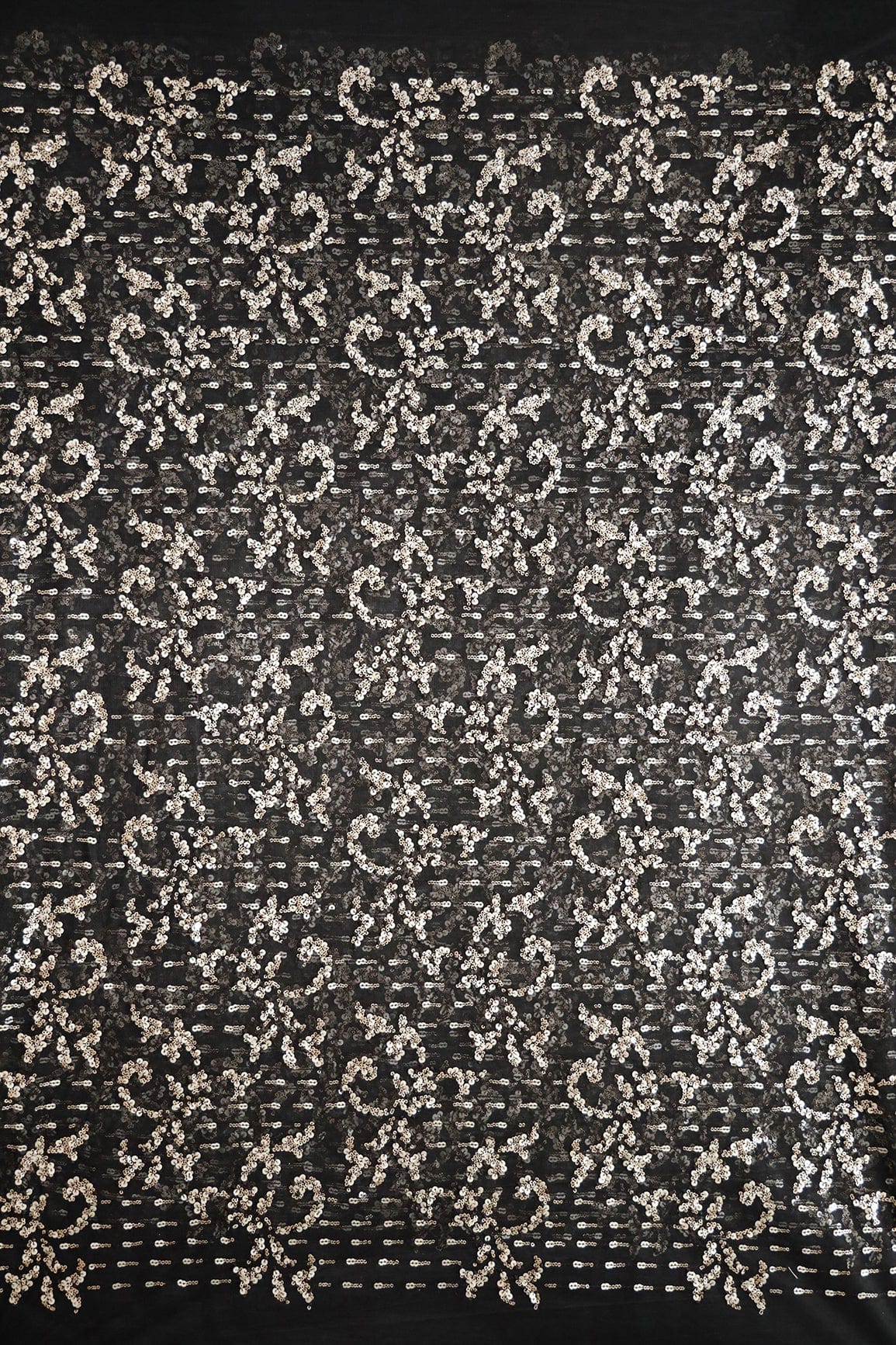 Gold And Silver Sequins With Black Thread Abstract Embroidery Work On Black Soft Net Fabric - doeraa