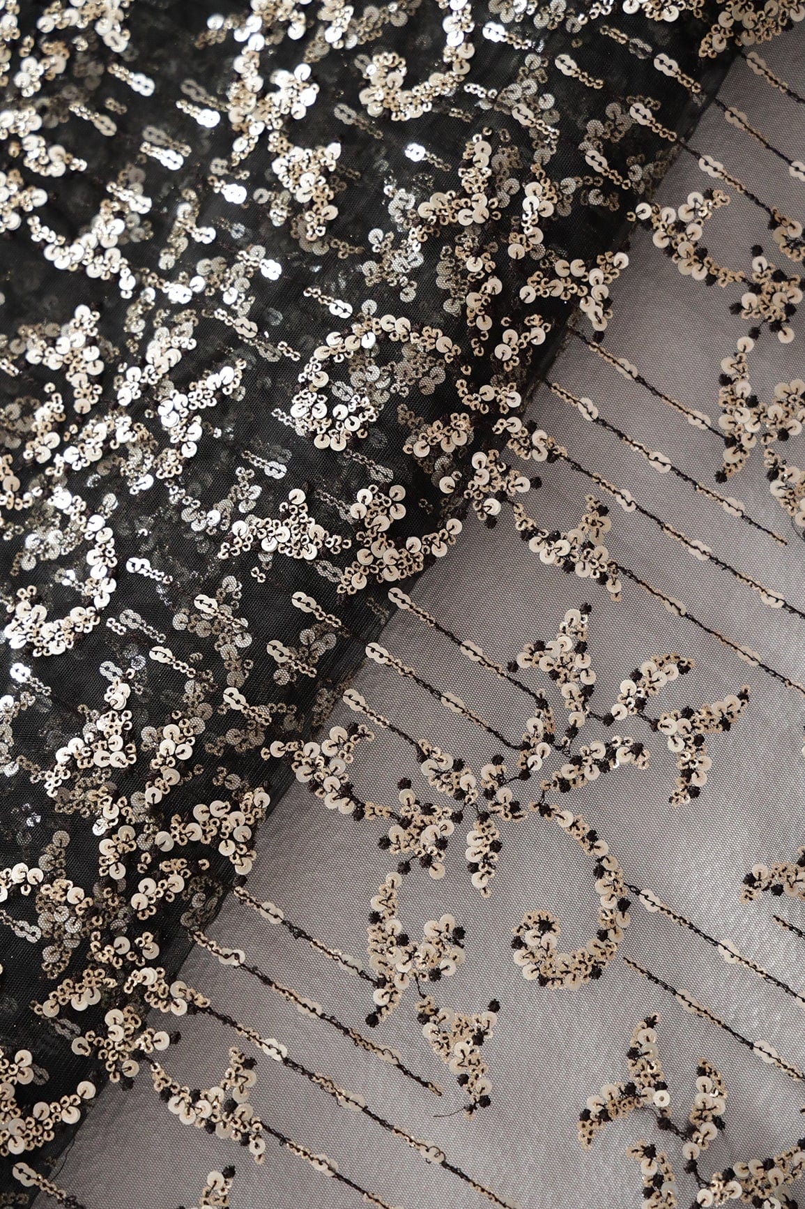 Gold And Silver Sequins With Black Thread Abstract Embroidery Work On Black Soft Net Fabric - doeraa